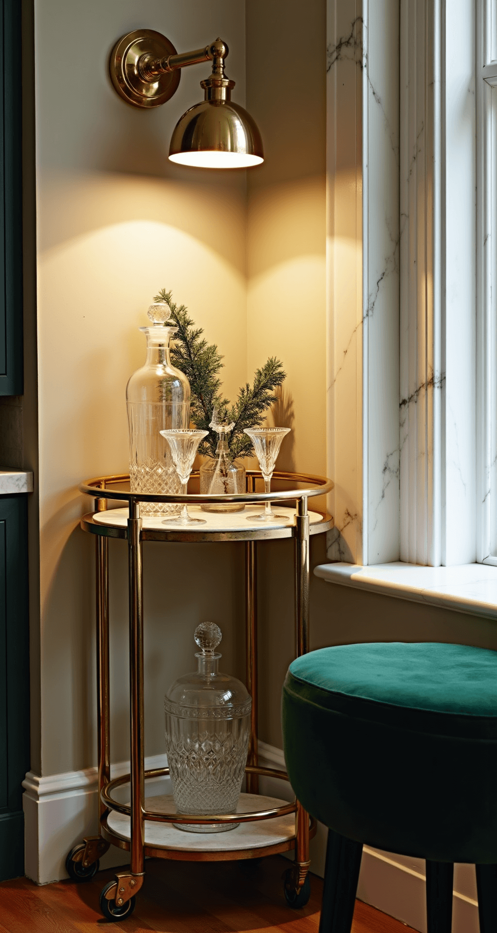 A stylish corner bar station in a modern kitchen featuring a metallic gold bar cart adorned with crystal decanters, vintage champagne coupes, and fresh spruce sprigs, illuminated by dramatic backlighting from a pendant fixture. The white marble backsplash reflects warm light, while a deep green velvet stool adds a touch of luxury.