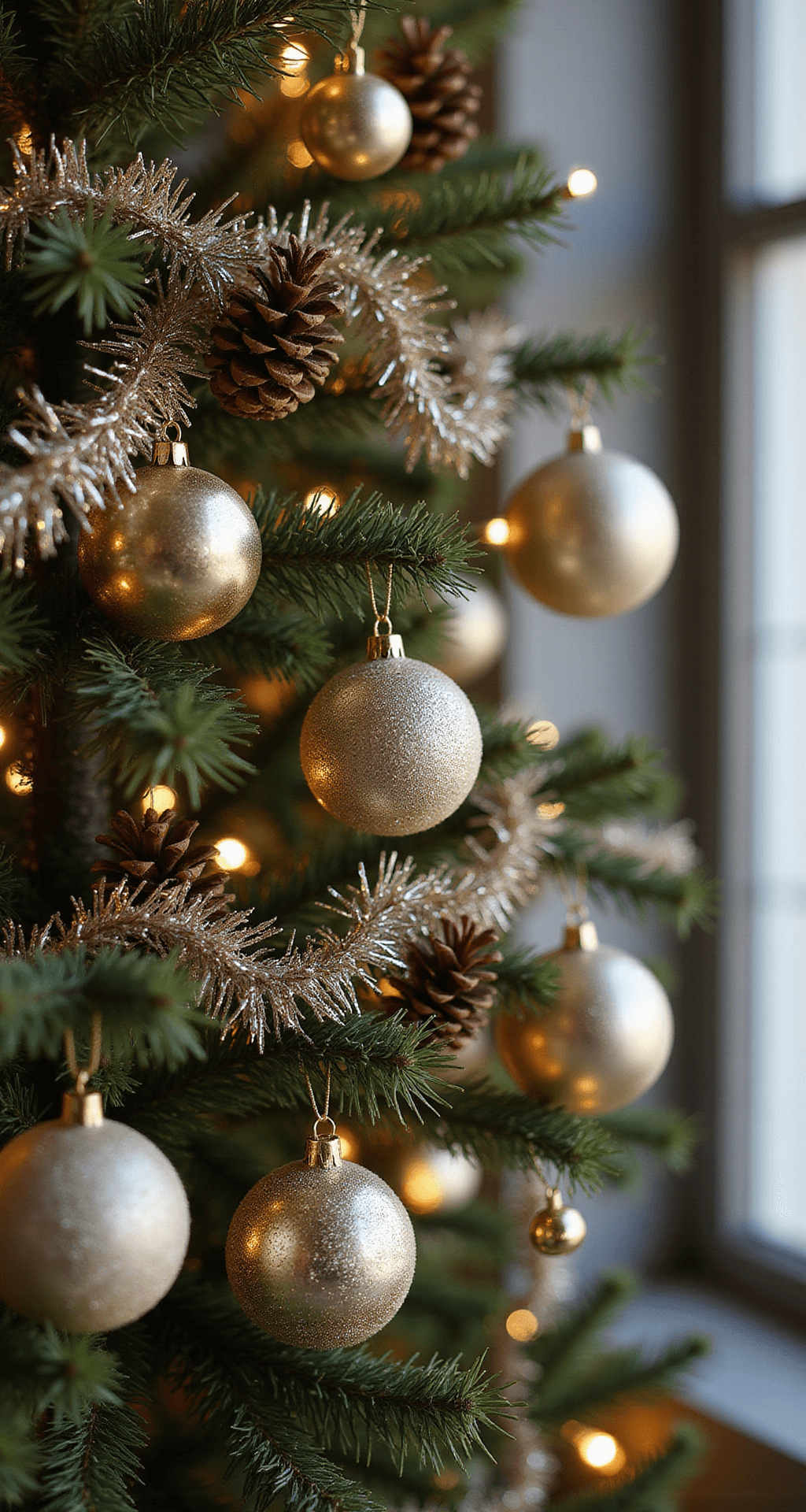 A detailed macro shot of a tree branch adorned with antique glass ornaments, tinsel garland, and natural elements like pinecones, showcasing contrasting textures. The scene is illuminated by a softly diffused ring light, enhancing the sparkle of the ornaments and pristine artificial snow, with warm white tree lights faintly glowing in the blurred background.