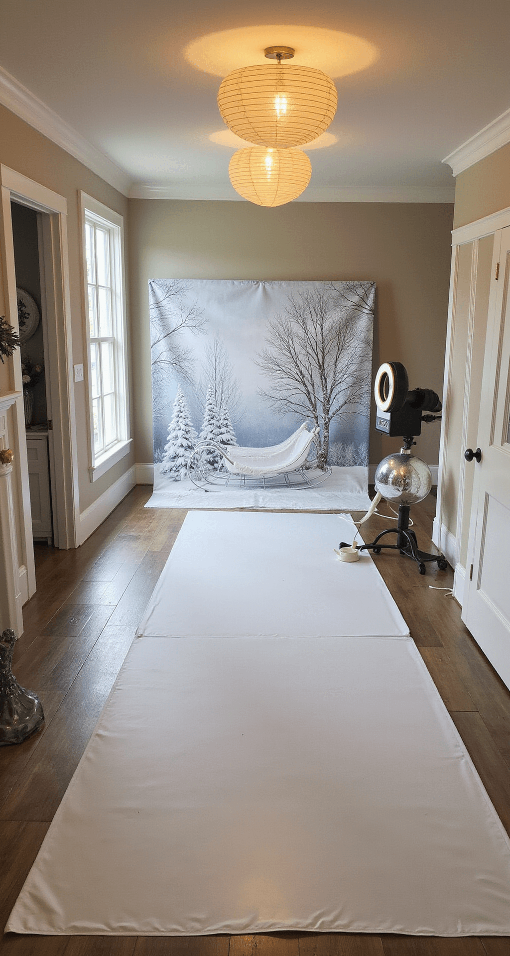 A stylish entryway featuring a floor-to-ceiling hand-painted winter scene backdrop in white and silver, adorned with a vintage white sledge, oversized mercury glass ornaments, and illuminated paper lanterns, along with an interactive selfie station with metallic props on a lucite stand, all illuminated by a ring light for even facial lighting.