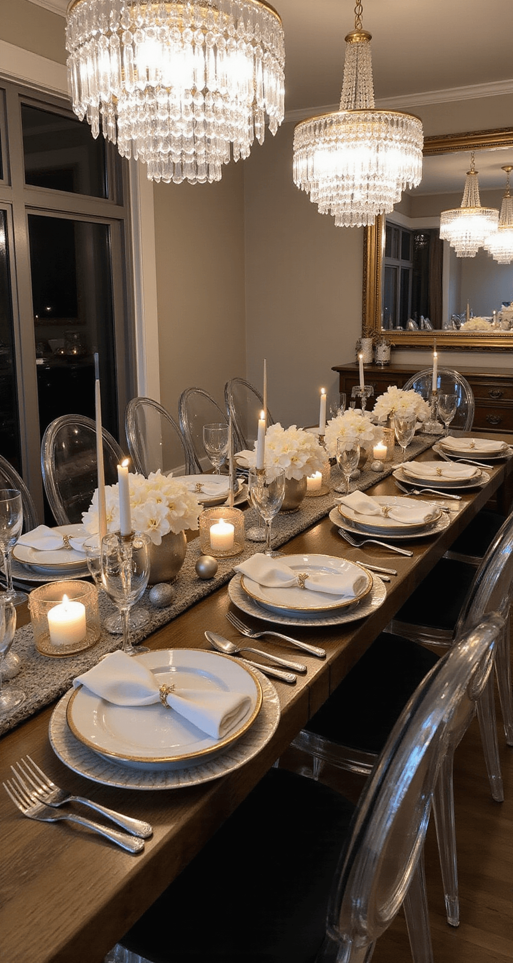 Glamorous nighttime dining room showcasing an art deco-inspired tablescape with mercury glass and white orchids, featuring golden accents, ghost chairs with faux fur throws, and tall taper candles, all illuminated by a chandelier's reflections in an oversized antiqued mirror.