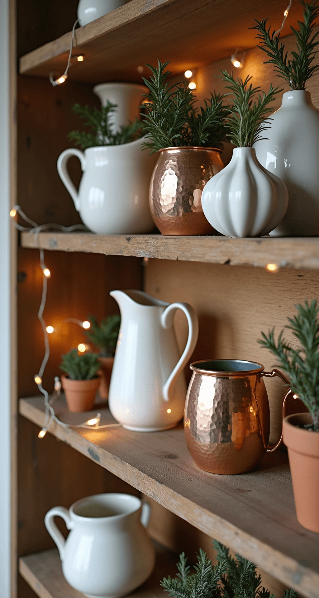 Close-up of a 6ft tall open shelving unit styled for Christmas, featuring white ceramic pitchers, copper moscow mule mugs, and small potted rosemary trees in terracotta. Delicate fairy lights weave among the items, creating a soft bokeh effect, with morning light casting long shadows on the weathered wood shelves.