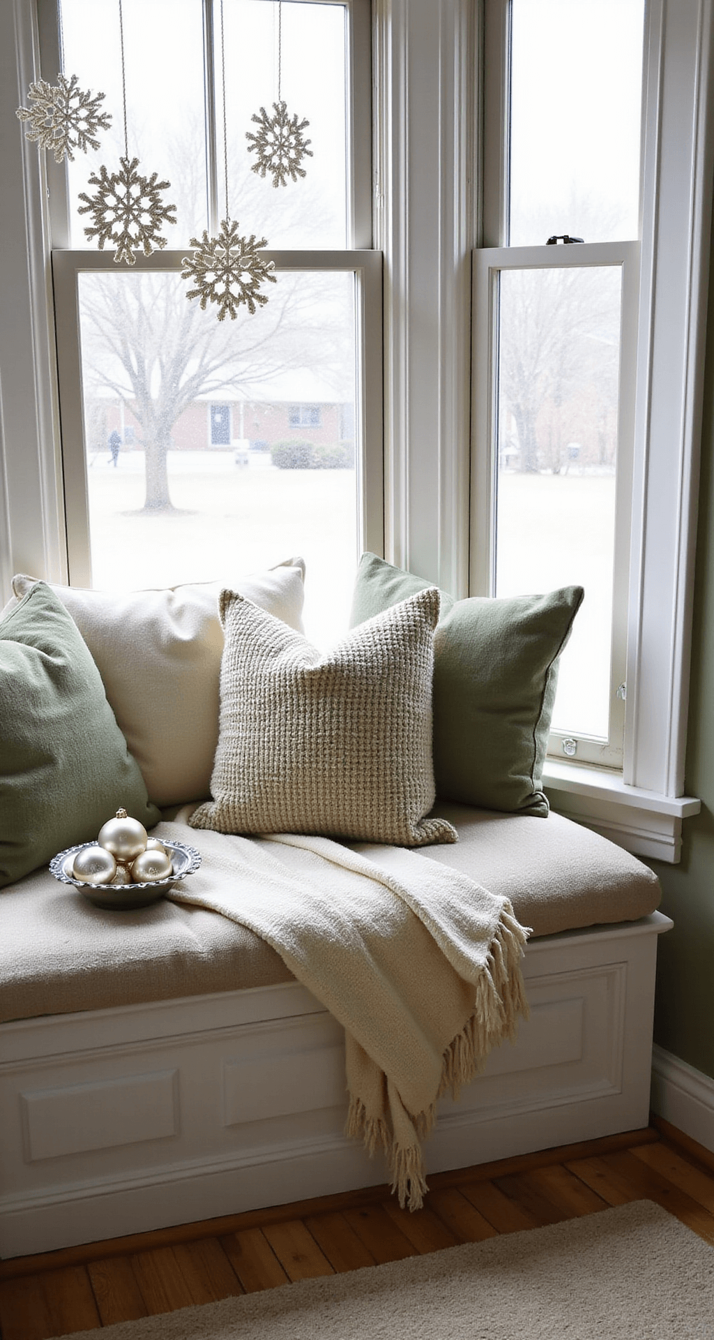 Cozy Christmas morning window seat nook adorned with cream and sage green chenille throw pillows, vintage mercury glass ornaments in antique silver bowls, and hand-crocheted snowflakes suspended above, capturing soft natural light and emphasizing textures.