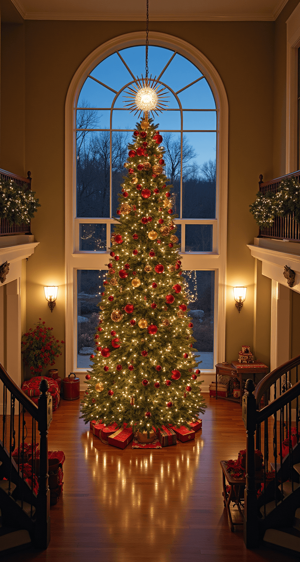A spacious great room with a 15-foot cathedral ceiling, showcasing a massive traditional Christmas tree adorned in red, green, and gold ornaments, centered between large windows. A garland-wrapped staircase is visible in the background, illuminated by warm interior lighting and dramatic strobe lighting, creating shadows during dusk.
