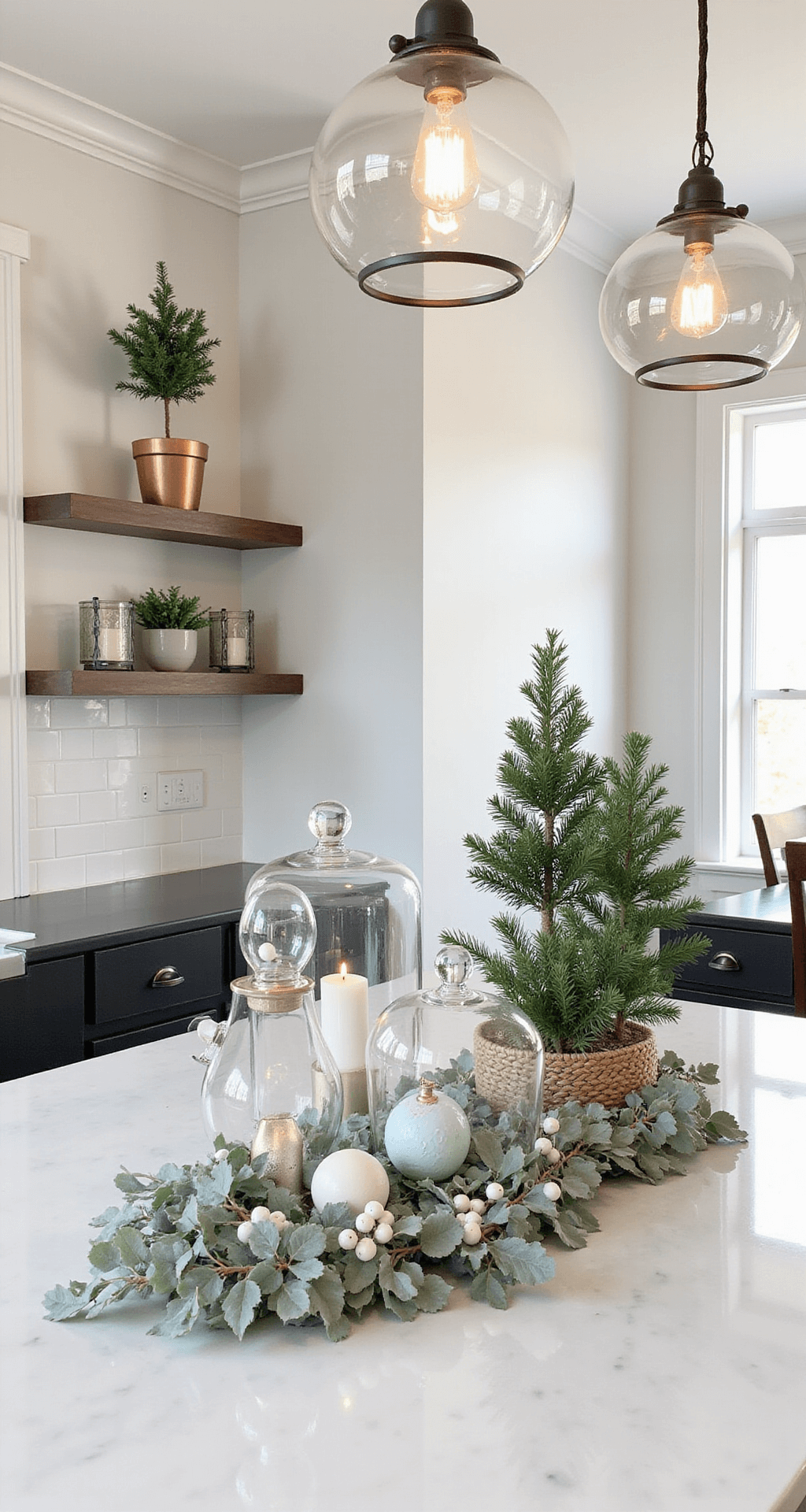 Open-concept kitchen featuring a central island adorned with silver dollar eucalyptus garland, pastel vintage ornaments under glass cloches, and mini trees in copper pots. Floating shelves display mercury glass votives, all illuminated by dramatic pendant lights in bright natural light.