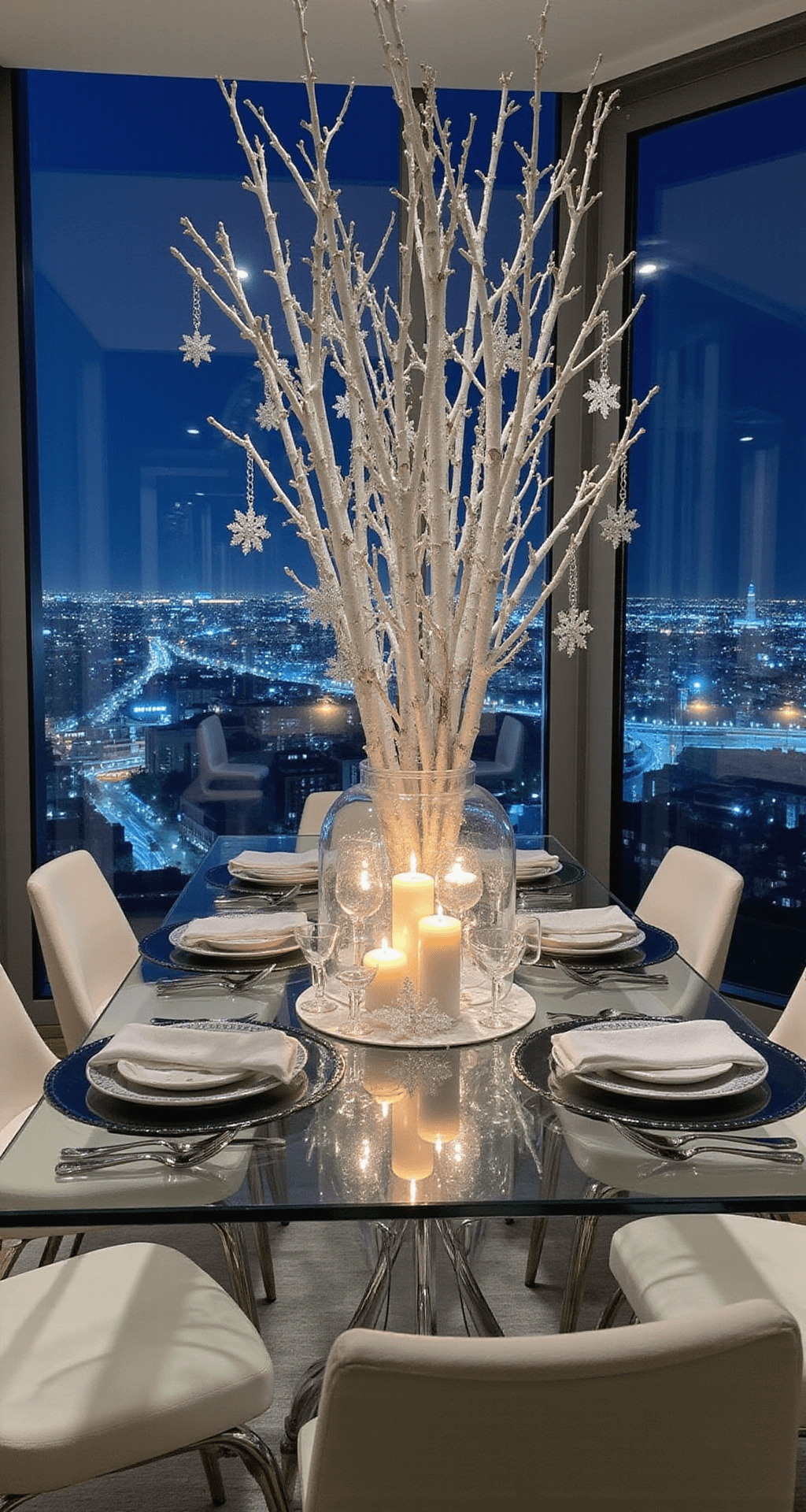 A contemporary apartment dining space at night featuring floor-to-ceiling windows with twinkling city lights. The glass dining table is adorned in winter white and ice blue, with a centerpiece of white-painted branches in tall crystal vases decorated with silver chains and snowflake ornaments, while mirror chargers reflect the candlelight. The low camera angle captures the cool ambient light and strategic accent lighting against the city backdrop.