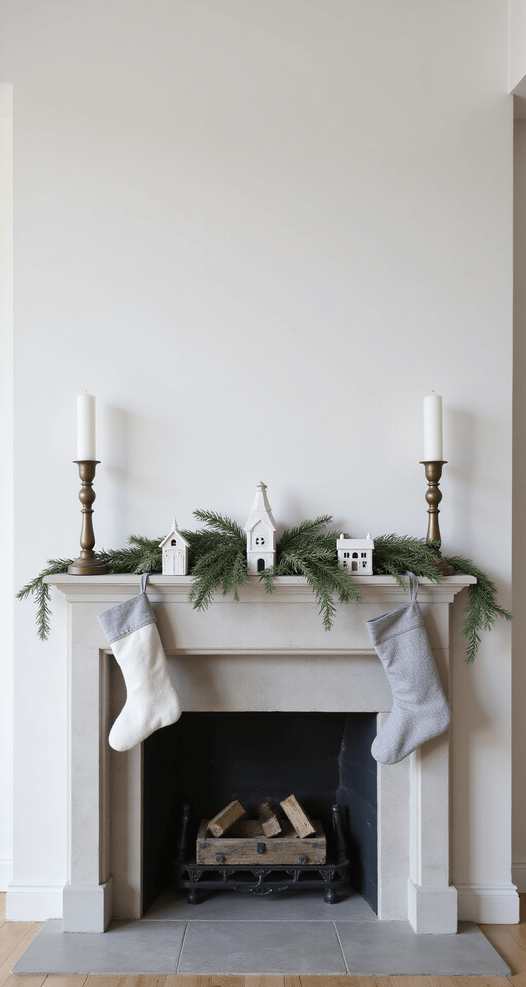 Minimalist Scandinavian living space featuring a clean-lined limestone fireplace under 12' ceilings, adorned with a natural garland of white pine and eucalyptus, white ceramic houses, and clear glass icicles. Pale gray linen stockings hang from matte black hooks, while Swedish brass candleholders with white tapers add warmth. The bright winter morning light creates crisp shadows, enhancing the simplicity of the design.