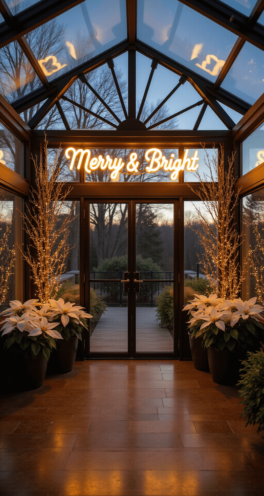 A twilight conservatory space with a ceiling-mounted neon 'Merry & Bright' sign reflecting off glass walls, surrounded by potted white poinsettias and silver-sprayed branches, featuring a LED light curtain backdrop with twinkle effects, captured from a low angle to highlight ceiling details and neon reflections.