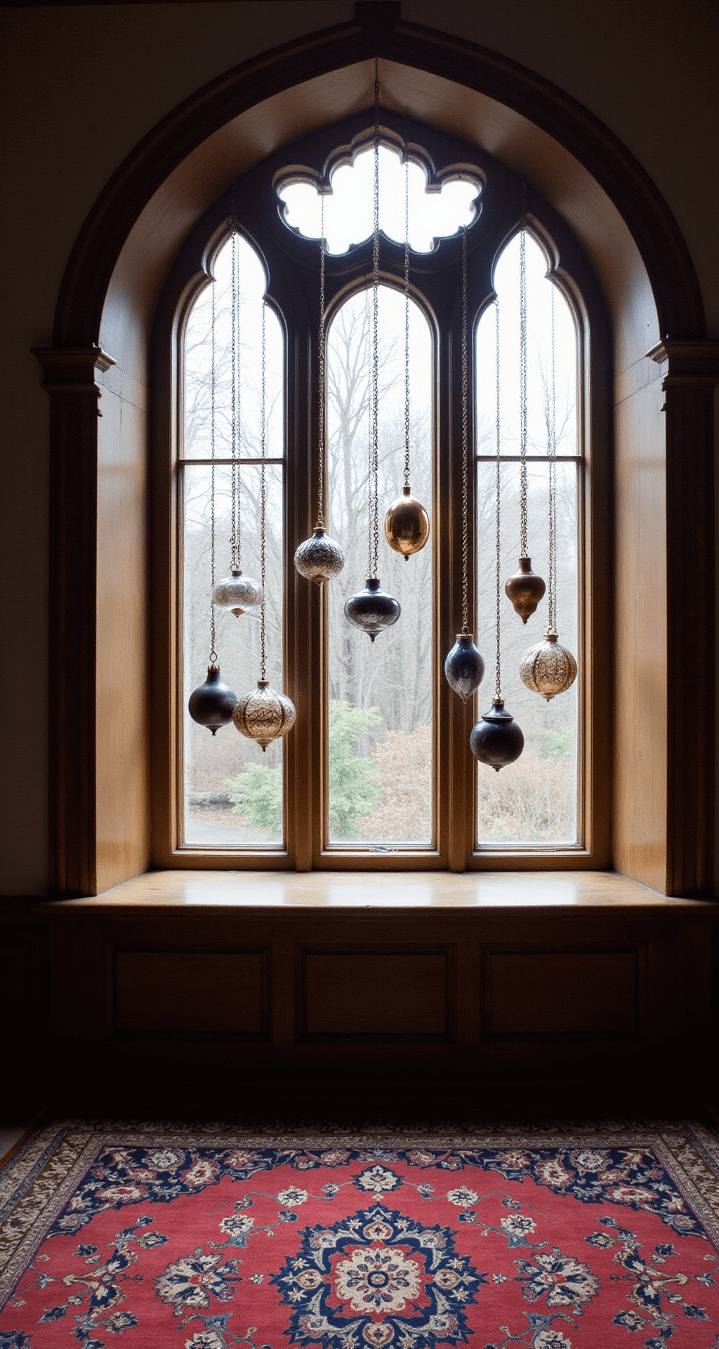 A view from below an arched Tudor window, capturing morning light filtering through a suspended installation of vintage mercury glass, copper, and crystal baubles of varying heights, all hung with brass chains above a deep jewel-toned oriental rug, creating a vintage luxe holiday ambiance with vibrant light refractions.