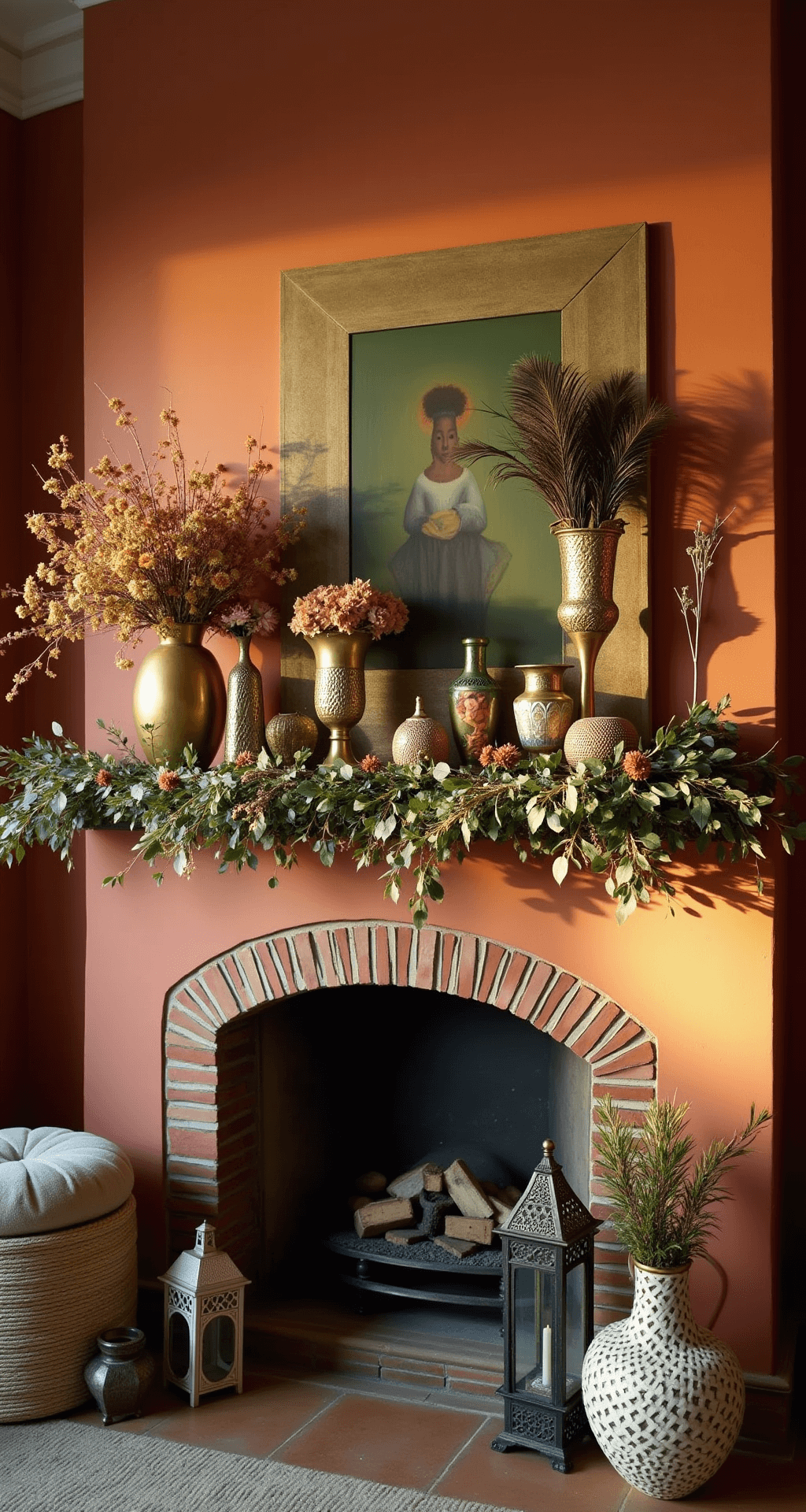 A warm terracotta painted brick fireplace with a brass floating mantle is adorned with a lush mixed garland and vintage brass vessels holding peacock feathers. Macramé stockings hang for added texture, while Moroccan lanterns cast patterned light in a cozy eclectic living space, illuminated by late afternoon golden light.