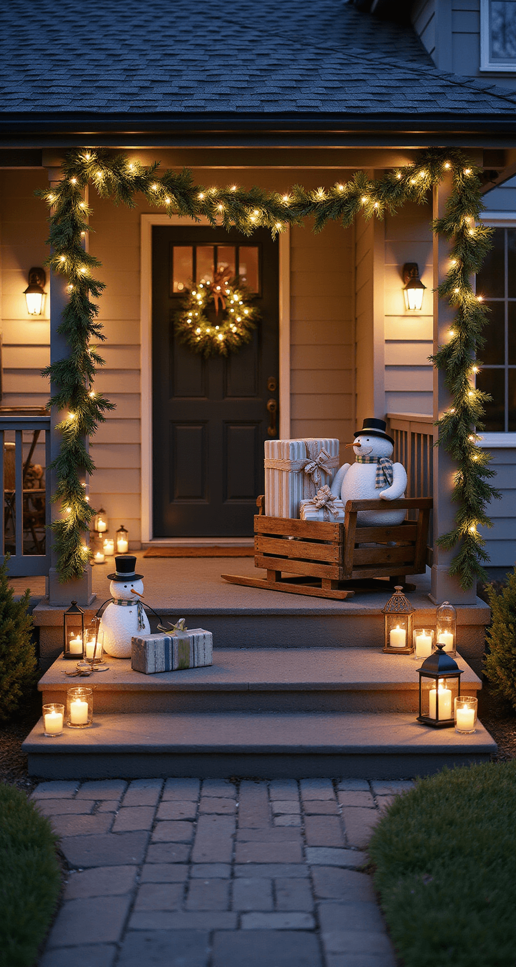 A cozy rustic porch at blue hour, featuring a handcrafted pallet snowman family adorned with warm white string lights, a vintage wooden sleigh filled with pastel-wrapped packages, and natural pine garland with oversized striped bows framing the doorway. Lanterns with battery candles cast warm pools of light along the garden path, enhancing the welcoming atmosphere.