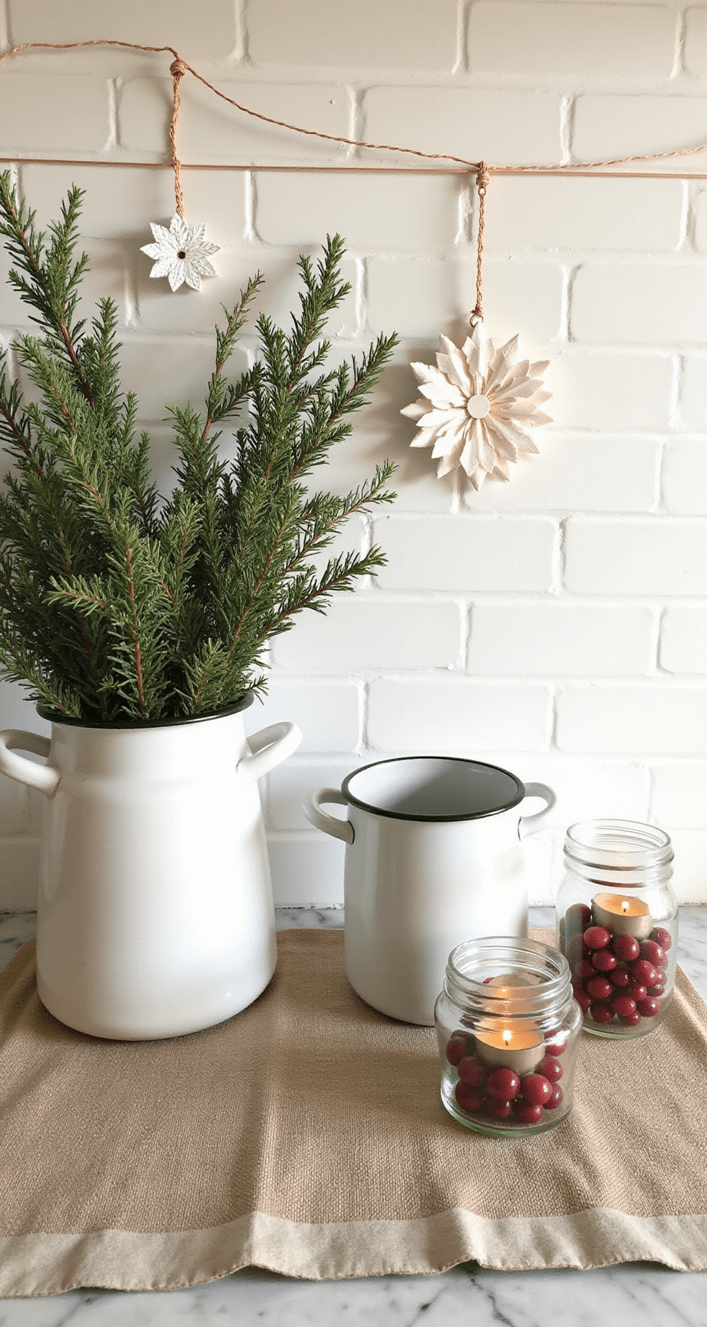 A cozy, budget-friendly kitchen scene at counter height featuring vintage enamelware filled with foraged pine branches, handmade paper snowflakes suspended from copper wire, thrifted glass jars filled with cranberries and floating candles, and a natural linen runner, all illuminated by warm late afternoon light against a white subway tile backdrop.