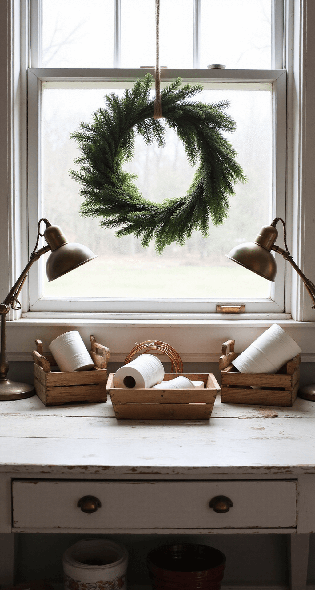 A cozy window nook illuminated by morning light, featuring a DIY wreath-making station with copper wire forms, fresh pine boughs, and white ribbon spools in vintage wooden crates. Natural light streams through frosted windows, complemented by vintage brass task lamps, with a weathered white farmhouse table in the center, captured with atmospheric depth and sharp details on crafting materials.