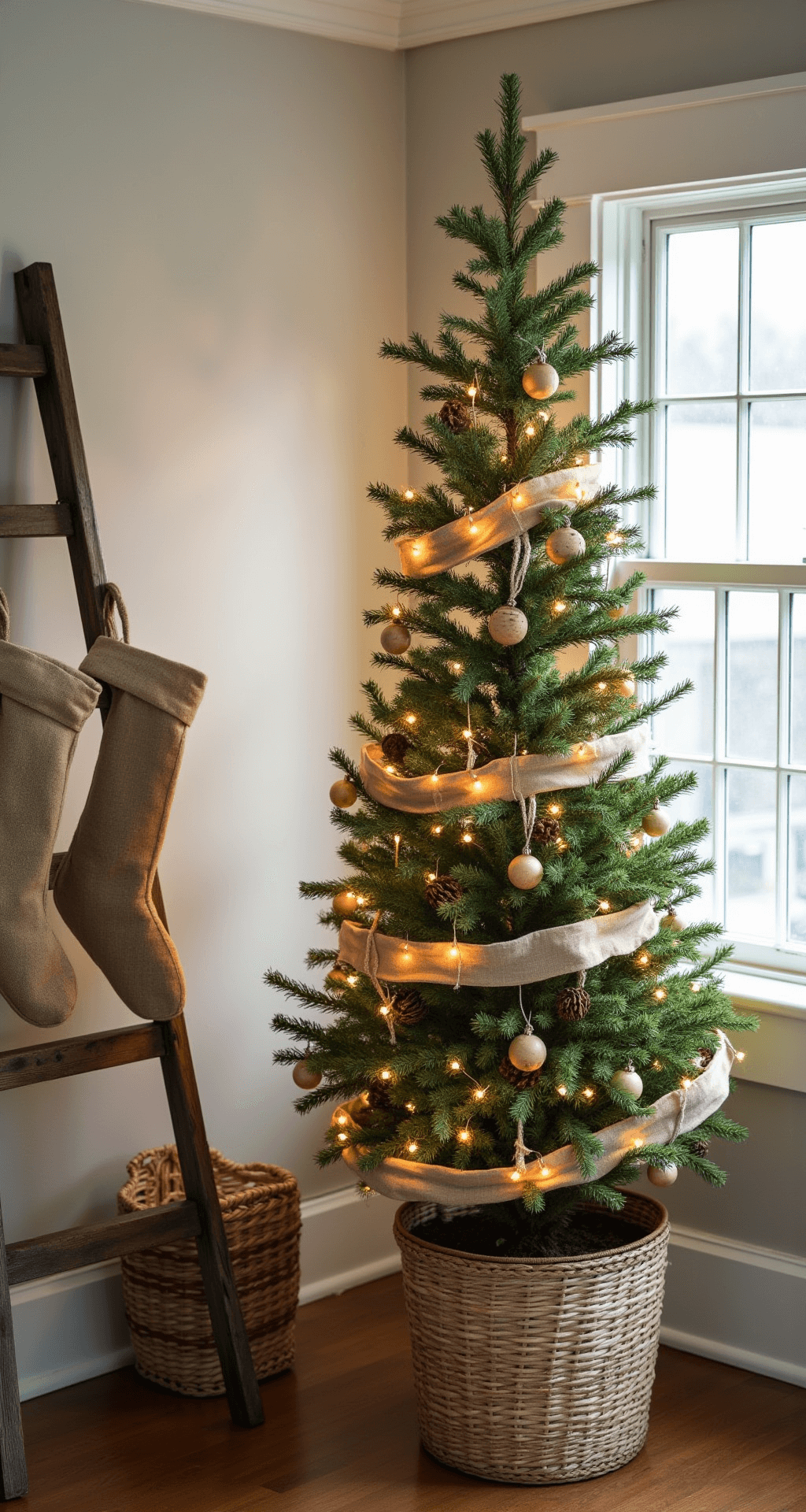 A cozy farmhouse-style corner featuring a dried citrus garland, wooden ornaments, and homespun ribbon in natural linen, with a vintage ladder displaying quilted stockings; illuminated by soft mid-morning sunlight and warm Edison bulb accents.