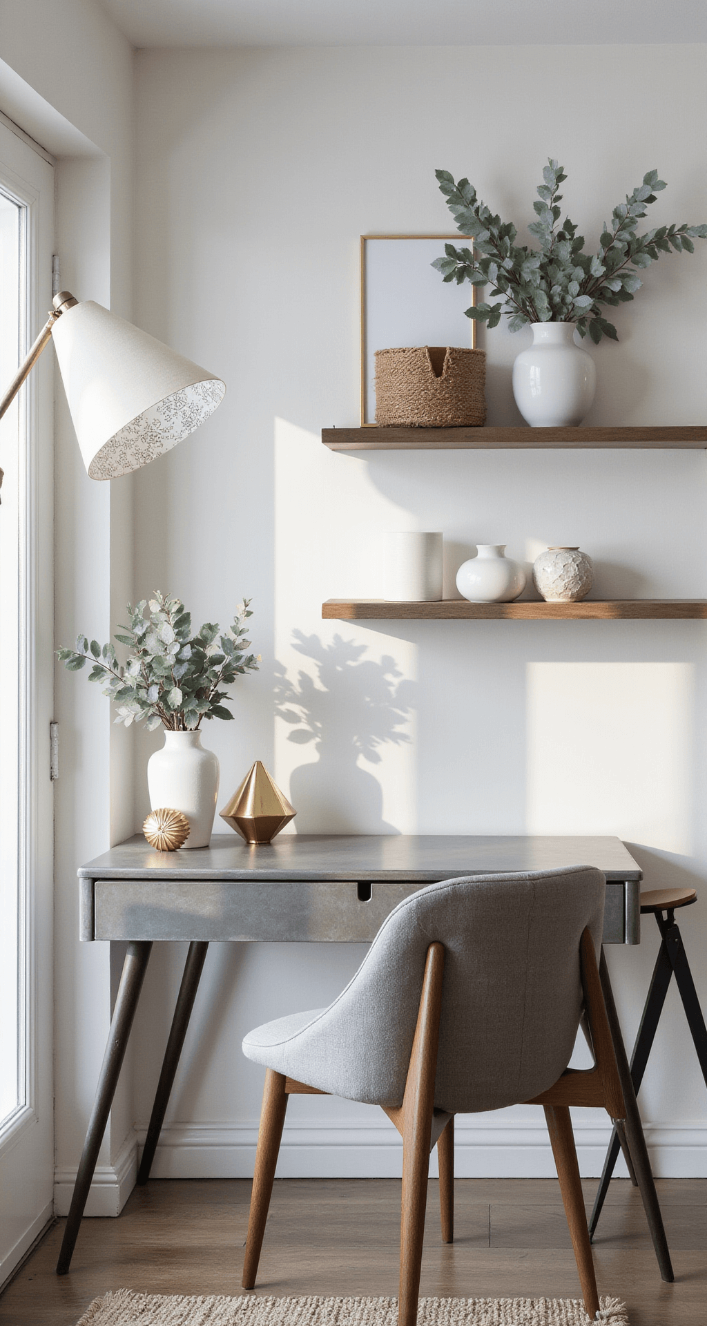 A contemporary home office corner features a modern metal desk with geometric brass ornaments and white ceramic vases filled with eucalyptus, complemented by floating shelves displaying white and gold objects. Natural light casts intriguing shadows from a floor lamp with a paper snowflake shade, all in a color palette of cool grays, warm metallics, and crisp whites.