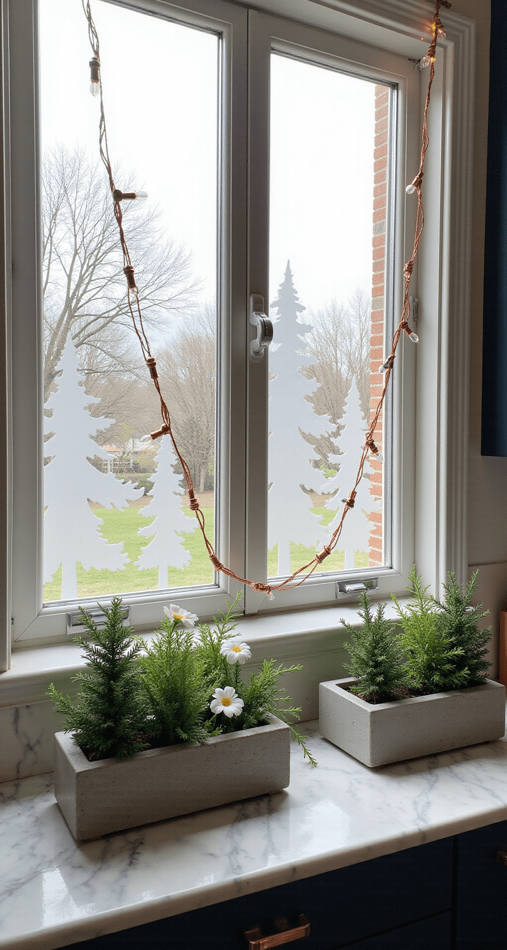 A mid-morning kitchen garden window featuring white frosted window decals of a Nordic forest, concrete planter boxes with mini evergreens and white cyclamen, entwined copper string lights, and a marble countertop adorned with copper accessories, evoking an organic modern Christmas ambiance.