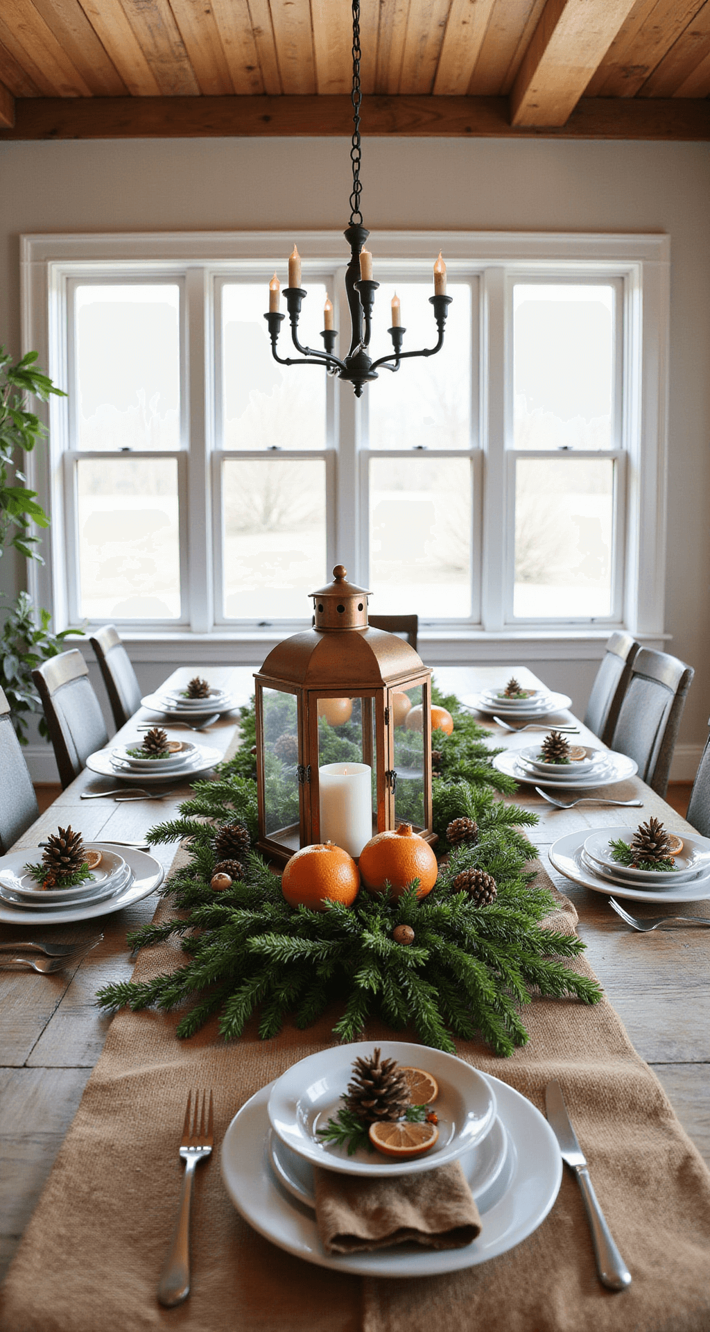 A rustic farmhouse dining room with a wooden beam ceiling, mid-morning light streaming through mullioned windows, featuring a weathered oak table adorned with a burlap runner, vintage copper lanterns, evergreen garland with pinecones and dried orange slices, and white ironstone plates topped with small wreaths, all captured from a corner angle.