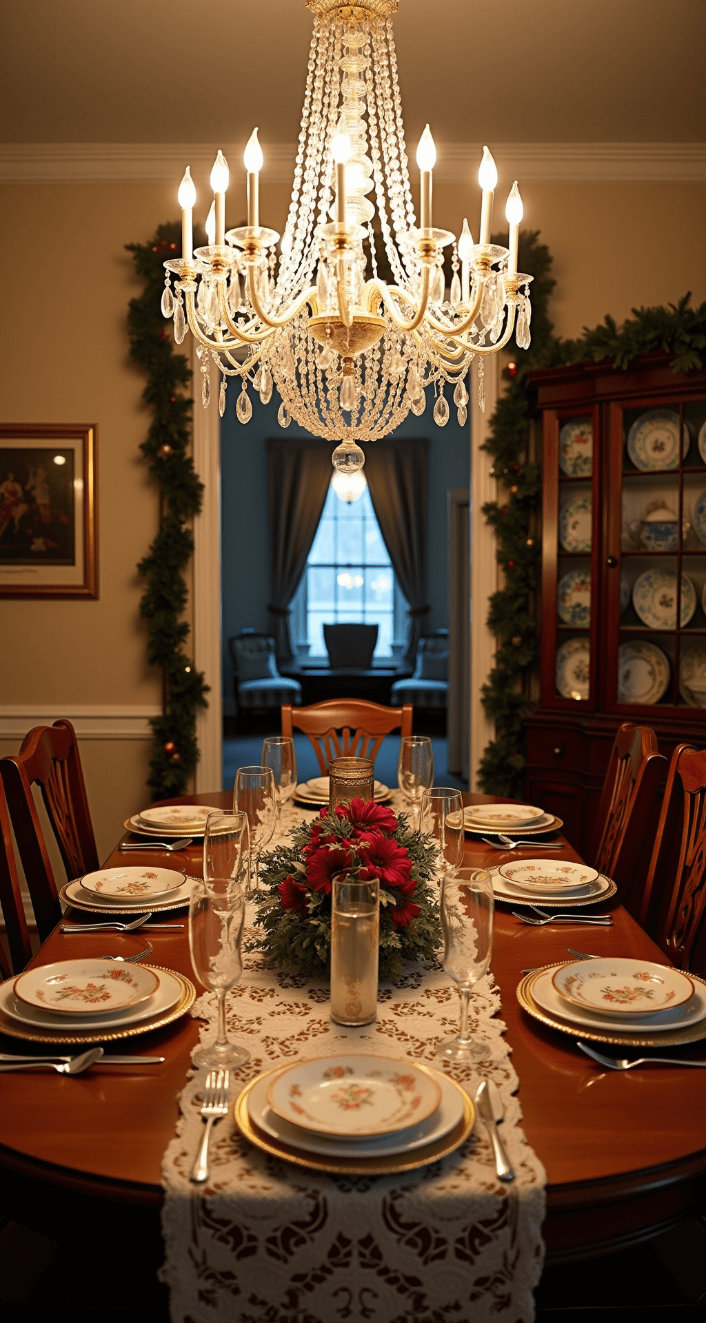 A beautifully set traditional dining room for Christmas dinner, featuring a mahogany table with vintage lace runners, mercury glass centerpieces, and a collection of vintage Christmas plates displayed in a hutch, all illuminated by a crystal chandelier. A satin ribbon garland frames the doorway, with dramatic overhead lighting enhancing the elegant scene, captured from table height.