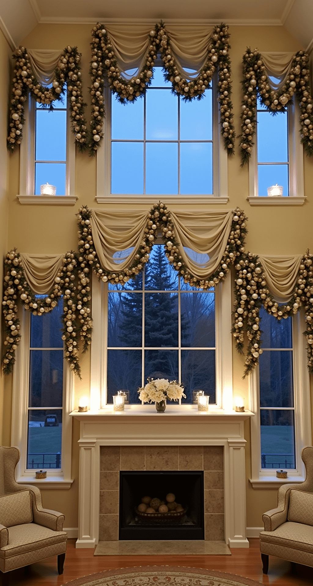 A grand great room with double-height windows during blue hour, featuring layered garland swags adorned with oversized champagne and white ornaments. Ivory sheer curtains frame the windows, while mercury glass hurricanes sit on the windowsills. A two-story stone fireplace is adjacent, captured from a mezzanine level to showcase the full height of the space, highlighted by professional lighting that emphasizes the metallic elements, evoking a mood of traditional elegance.
