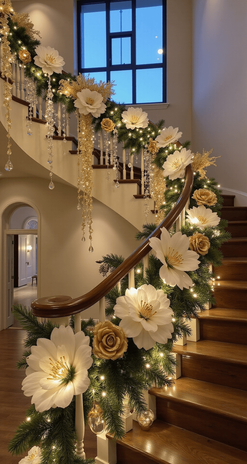 A grand staircase, 15ft wide, adorned with a maximalist holiday display of layered white and gold garlands, warm white fairy lights, and metallic ribbon, features oversized paper flowers cascading down the banister. Crystal tear-drop pendants reflect light, all captured during blue hour with architectural lighting enhancing the scene. Shot at F/8 for sharp detail.