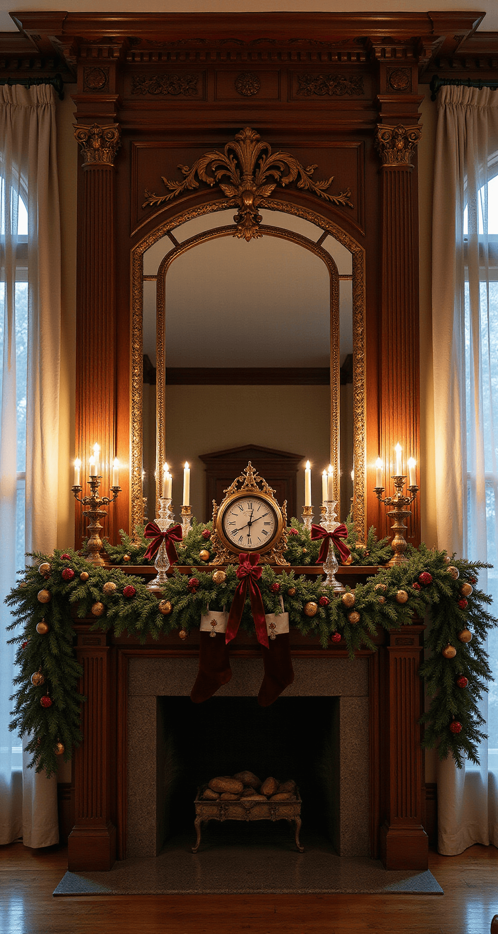 A grand Victorian parlor with a carved oak mantle, twilight blue light blending with warm interior illumination, adorned with dense garlands of burgundy velvet ribbons and vintage ornaments, crystal candlesticks, gilded mirrors, and burgundy silk stockings, all centered by an ornate clock, showcasing the room's architectural grandeur.