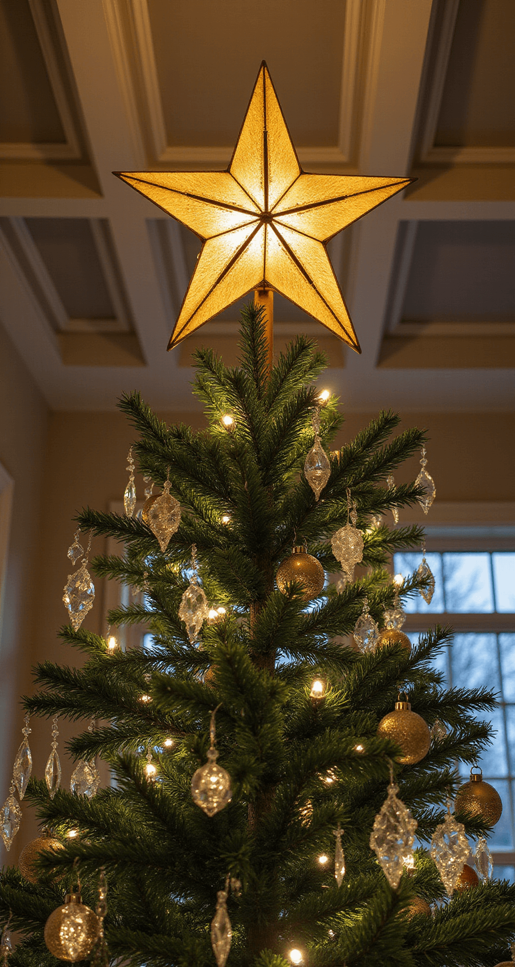 Close-up of a tree crown with a gold-leafed star topper and styled upper branches, adorned with vintage mercury glass ornaments and crystal icicles, set against a coffered ceiling; dramatic highlights from overhead lighting create a festive evening atmosphere.