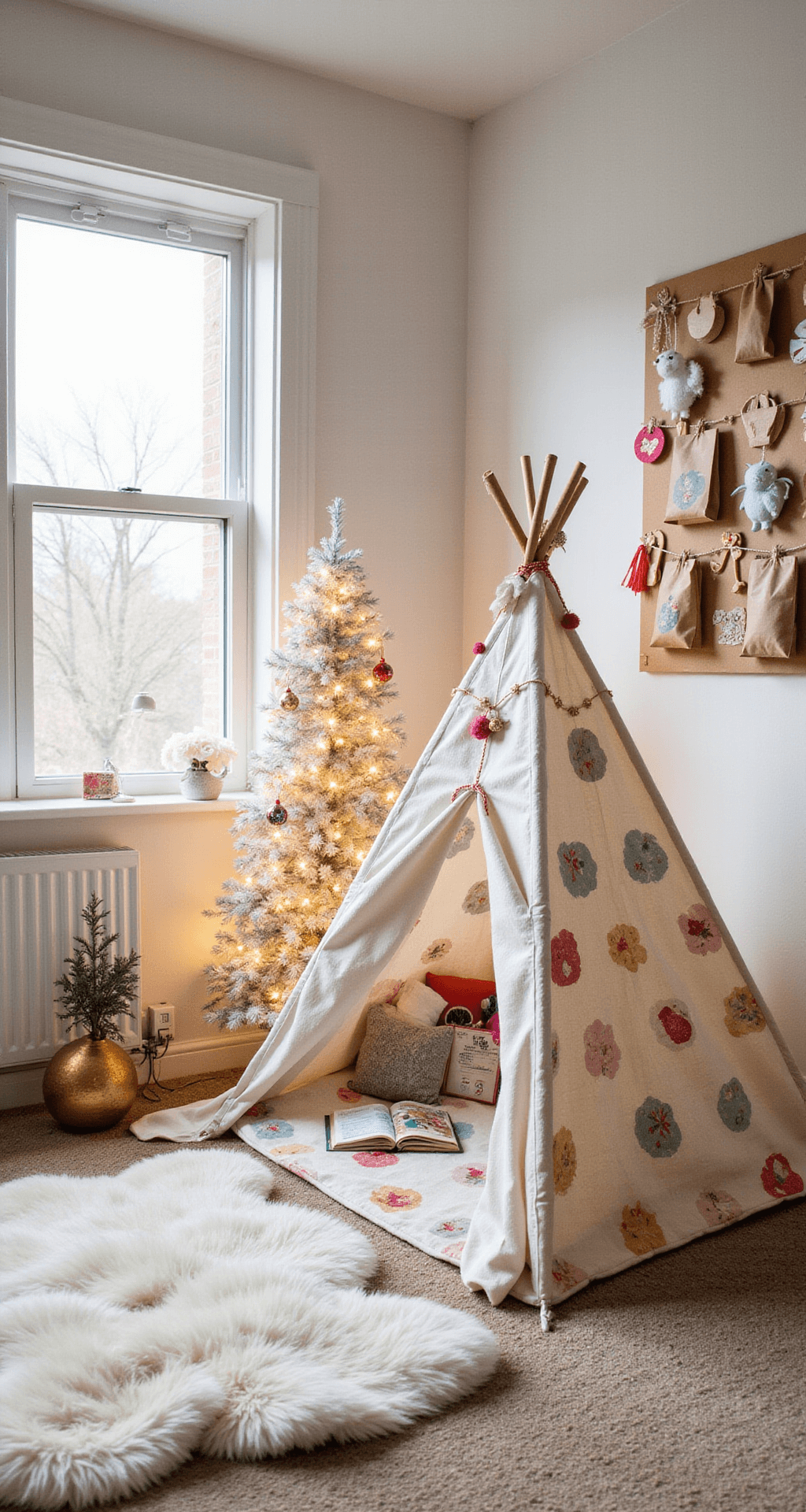 A whimsical children's playroom featuring a cozy teepee adorned with star-shaped string lights, faux fur rugs, a mini white Christmas tree with colorful felt ornaments, and a wall-mounted pegboard displaying an advent calendar made from kraft paper bags, all bathed in warm afternoon light, viewed from a child's eye level.