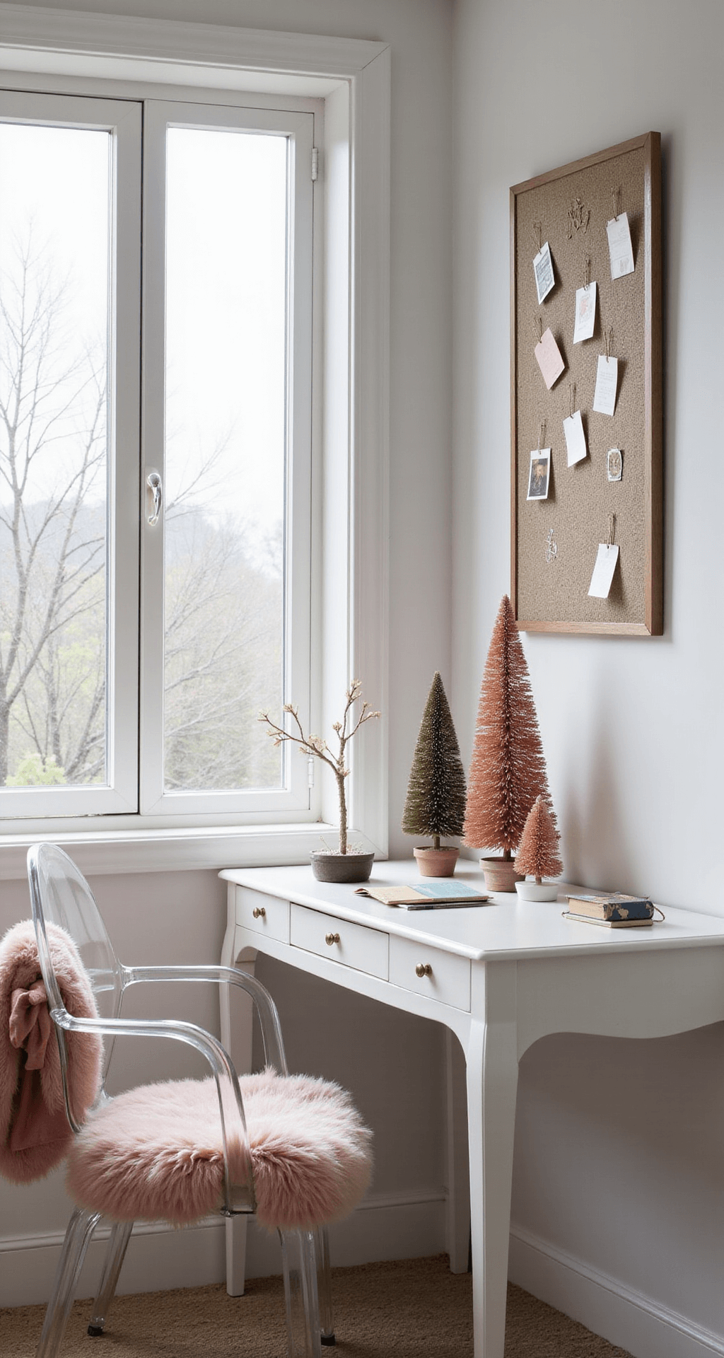 A contemporary home office nook featuring floor-to-ceiling windows with white tree silhouette decals, a floating desk adorned with a miniature forest of rose gold, blush, and pearl bottle brush trees, and a metallic mesh pinboard displaying vintage cards. A ghost chair draped with a small fur throw and a pink velvet bow is positioned at the desk, bathed in high-key lighting that highlights the clean lines of the space. The scene is captured at desk level with soft window backlighting.
