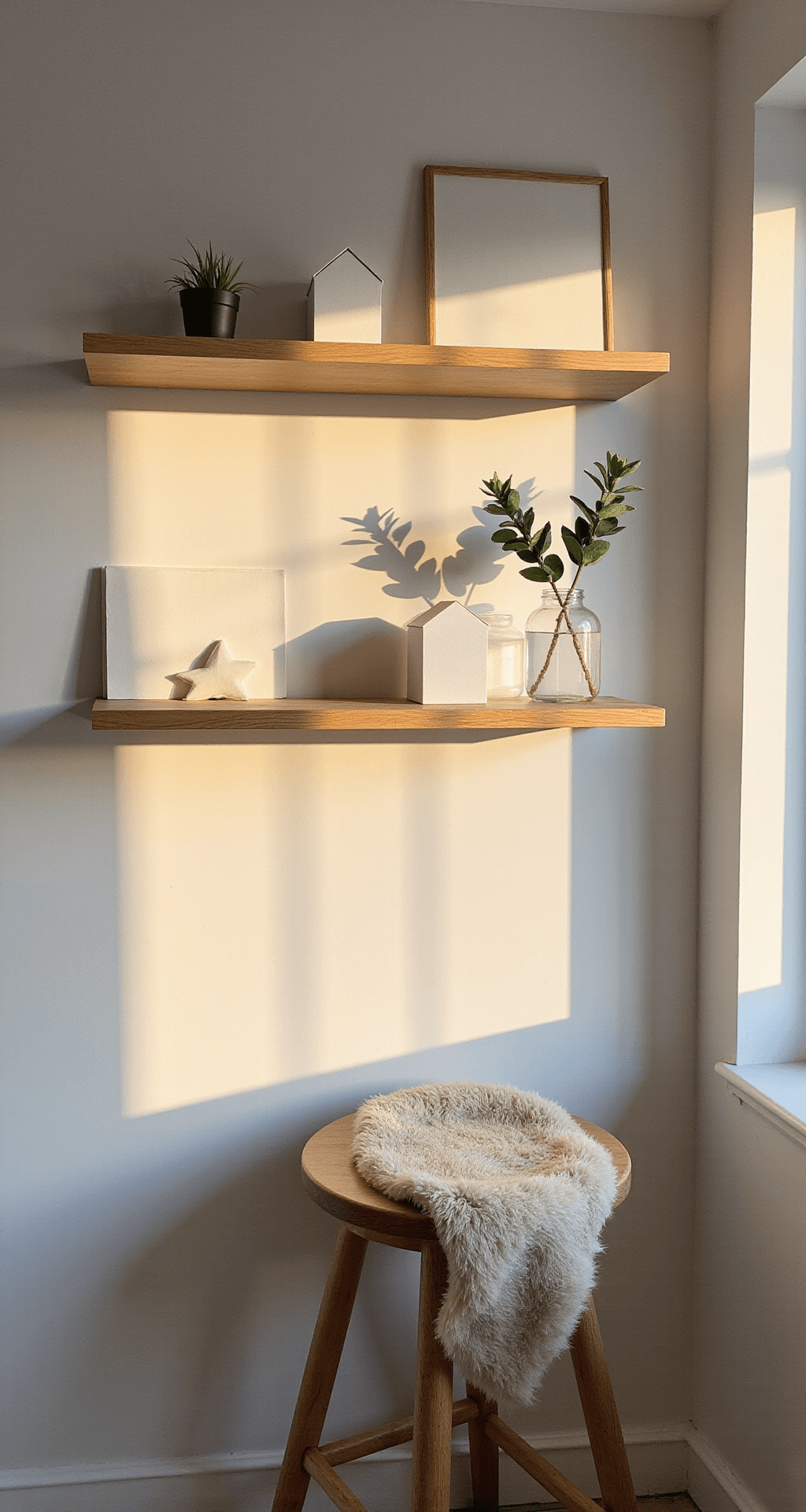 Minimalist Scandinavian kitchen corner with white oak floating shelves holding paper stars, white ceramic houses, and eucalyptus in glass vases. A sheepskin drapes over a modern bar stool, featuring dramatic shadows from window light.
