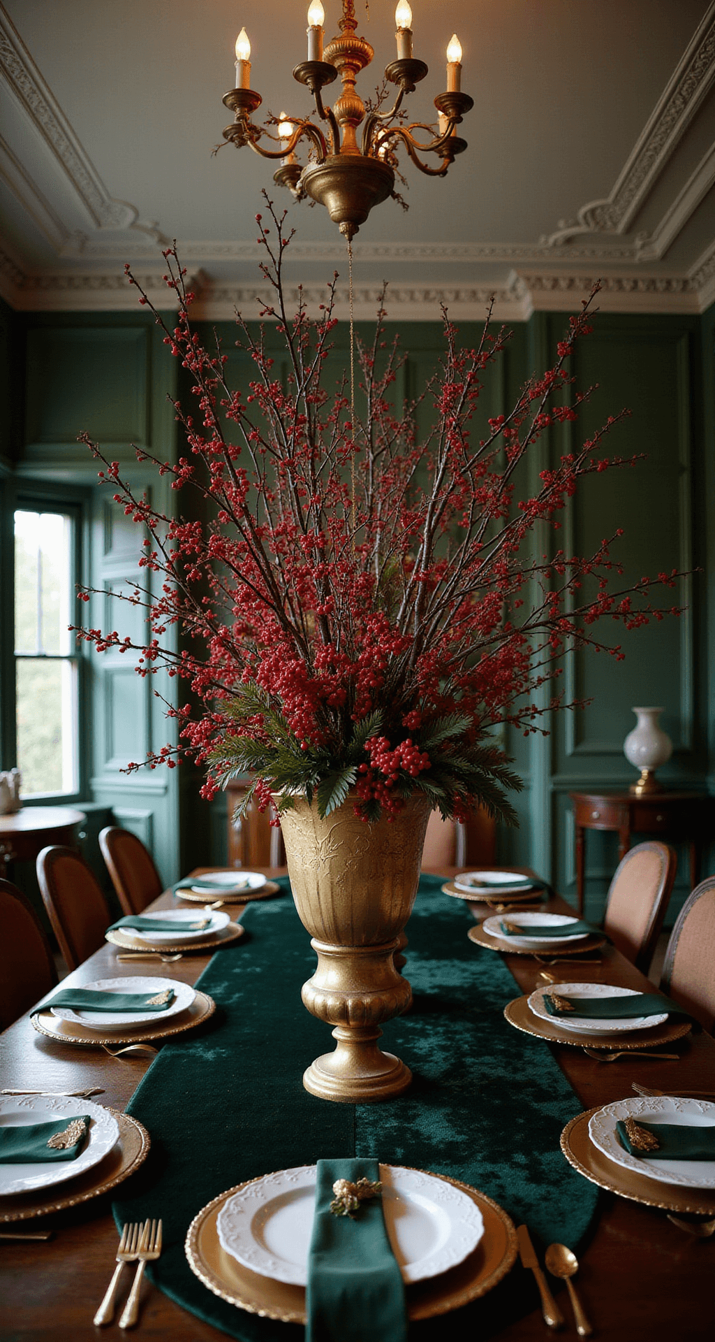 An elegant Victorian dining room features original moldings and dim chandelier lighting, showcasing a mahogany table adorned with a deep emerald velvet runner, a towering centerpiece of gold branches and red berry sprigs in vintage brass urns, fine bone china, and gold flatware, all captured in a dramatic overhead shot with moody lighting.