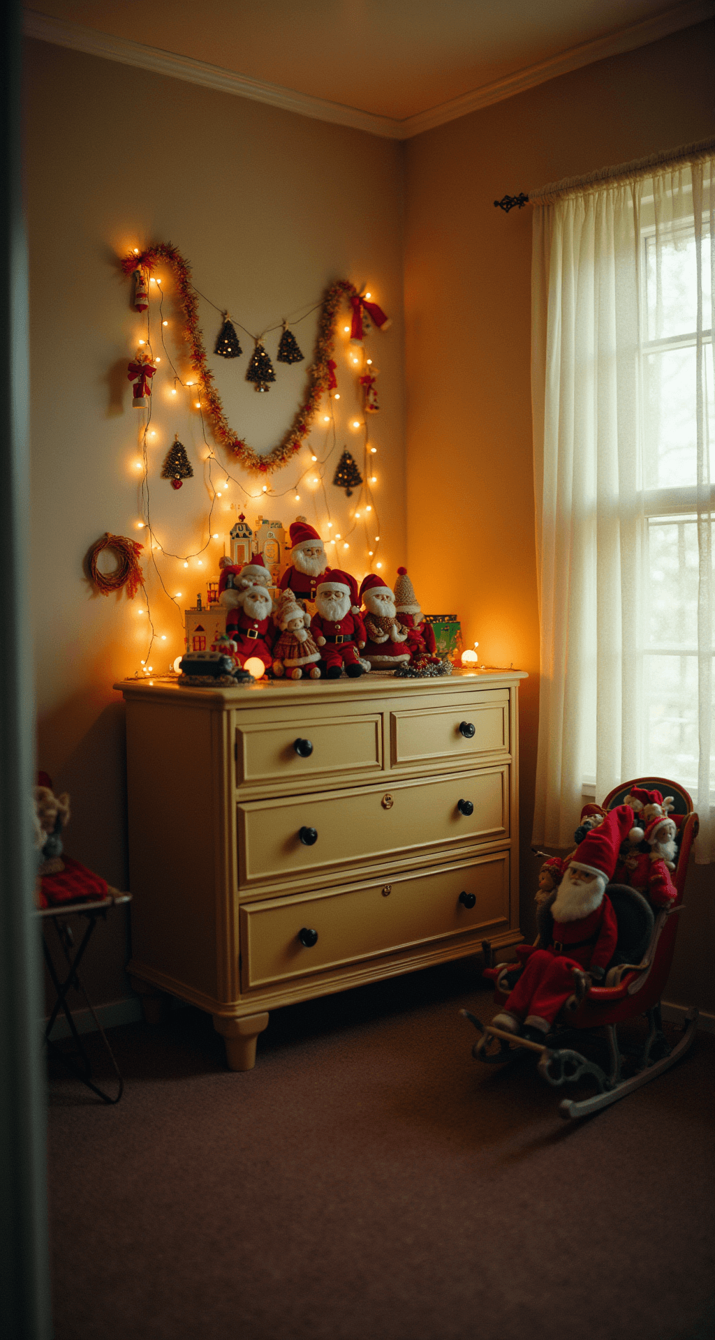 A cozy children's bedroom transformed into a vintage Christmas wonderland, featuring a 1950s cardboard Christmas village on the dresser, colorful paper garlands across the headboard, and antique stuffed Santa dolls in a wooden sled, all captured from a child's perspective with warm lighting and twinkle lights.