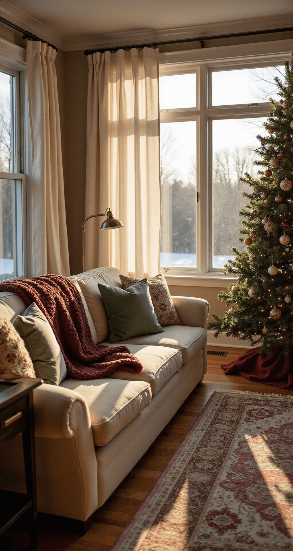 A warm and inviting holiday living room featuring a 9ft Noble fir Christmas tree in a bay window, adorned with vintage glass ornaments and warm lights. The plush cream sectional is draped with burgundy knit throws and sage velvet pillows, while brass floor lamps illuminate the space. Weathered oak hardwood floors are partially covered by a muted Persian rug. Shot at golden hour, sunlight filters through sheer white curtains, creating an atmospheric glow.