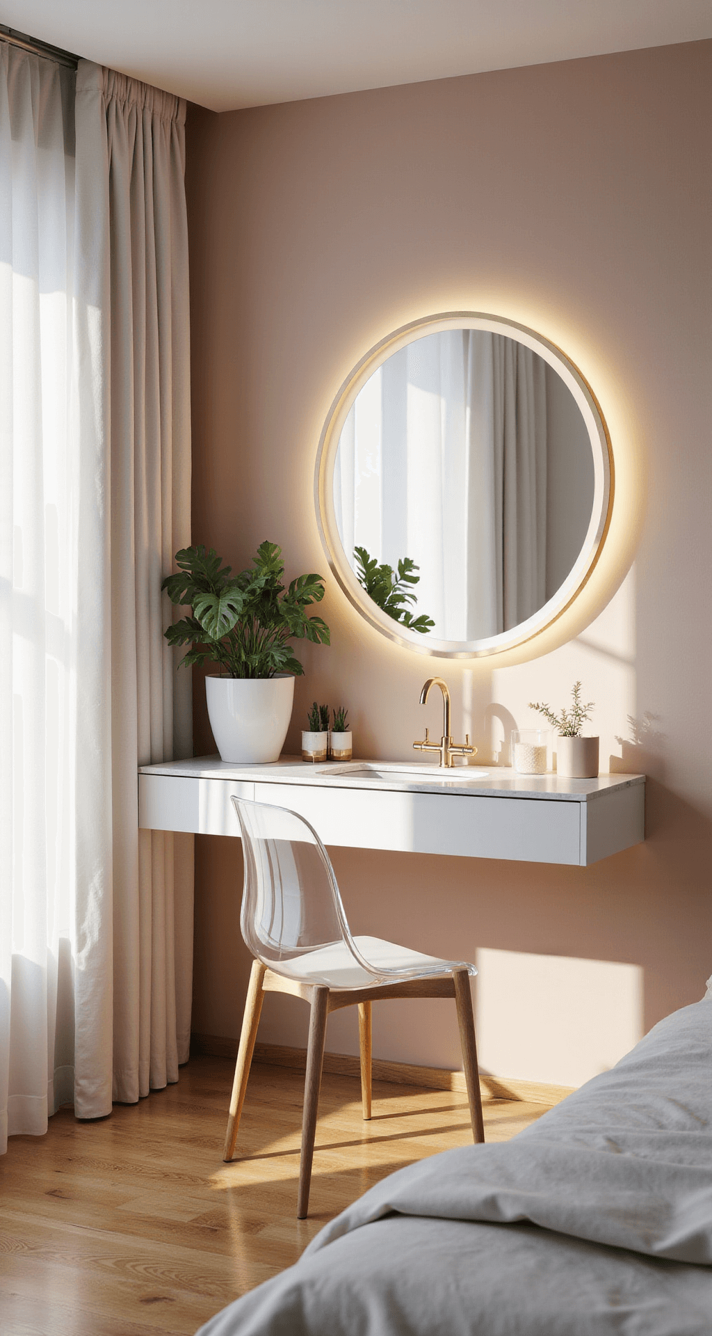 Bedroom Vanity Ideas: Transform Your Space with Style and Function A sunlit master bedroom corner showcasing a minimalist white floating vanity with brass hardware, a round backlit mirror, and a ghost chair, set against a pale blush wall with sheer curtains. Warm wooden flooring and potted monstera and eucalyptus plants enhance the airy modern Scandinavian design.