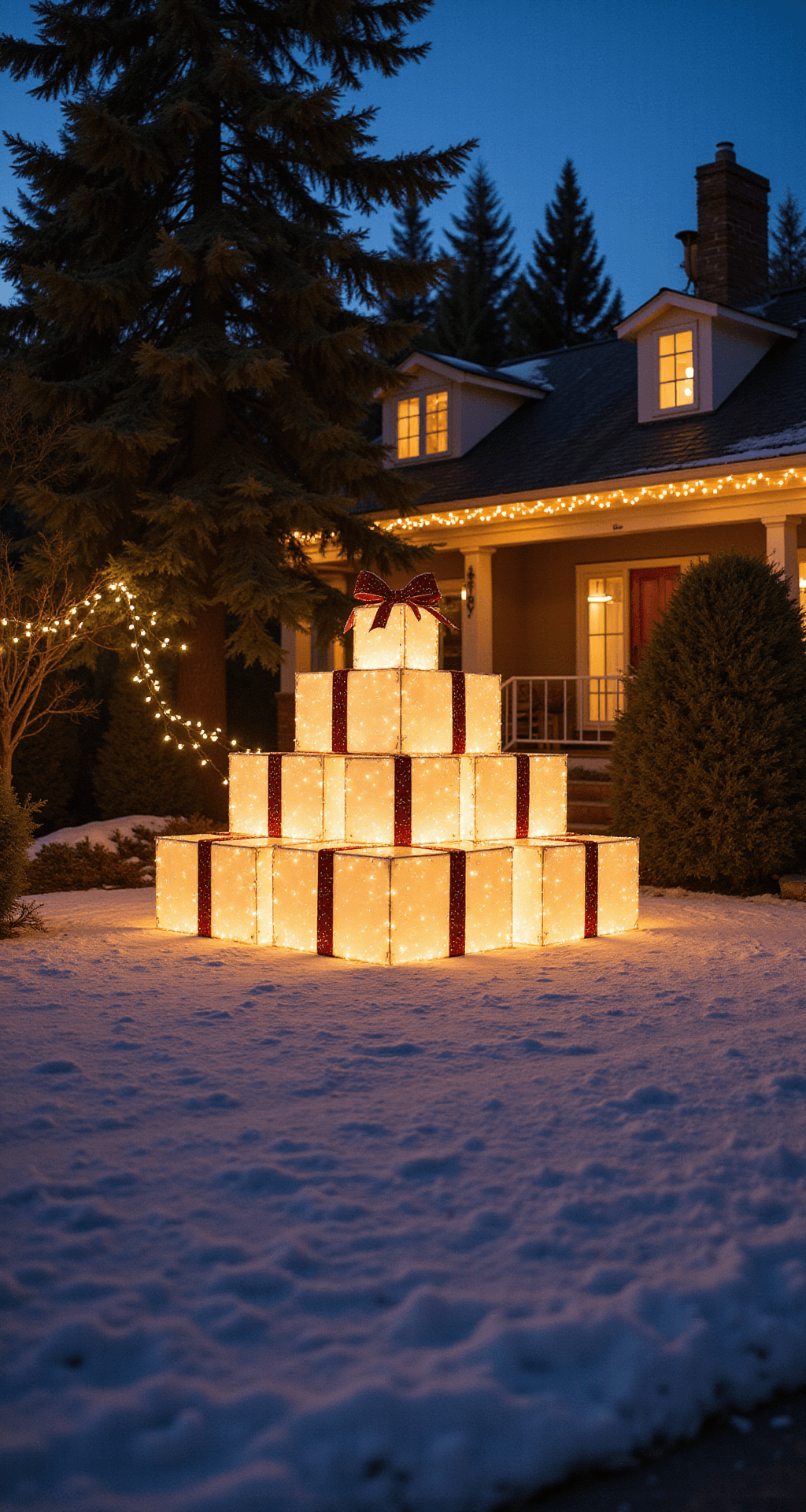 A grand front yard at dusk featuring a pyramid of oversized light-up gift boxes, illuminated with warm white LEDs, surrounded by evergreens draped in string lights, with pristine snow reflecting the golden light.