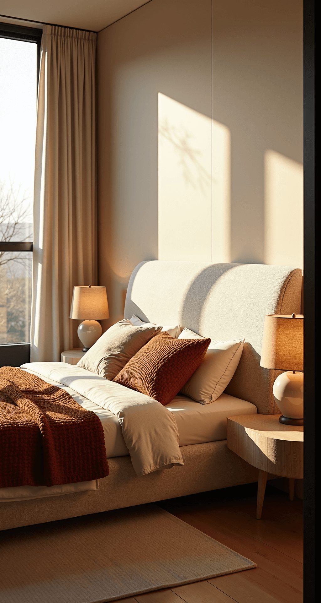 A modern bedroom featuring a low-profile platform bed with a curved ivory headboard, bathed in golden hour sunlight from floor-to-ceiling windows. The bed is adorned with terracotta and rust-toned knit throws over crisp linen sheets, with bleached oak nightstands on either side topped with ceramic lamps. The image is captured at a 45-degree angle from door frame height, showcasing depth and natural light.
