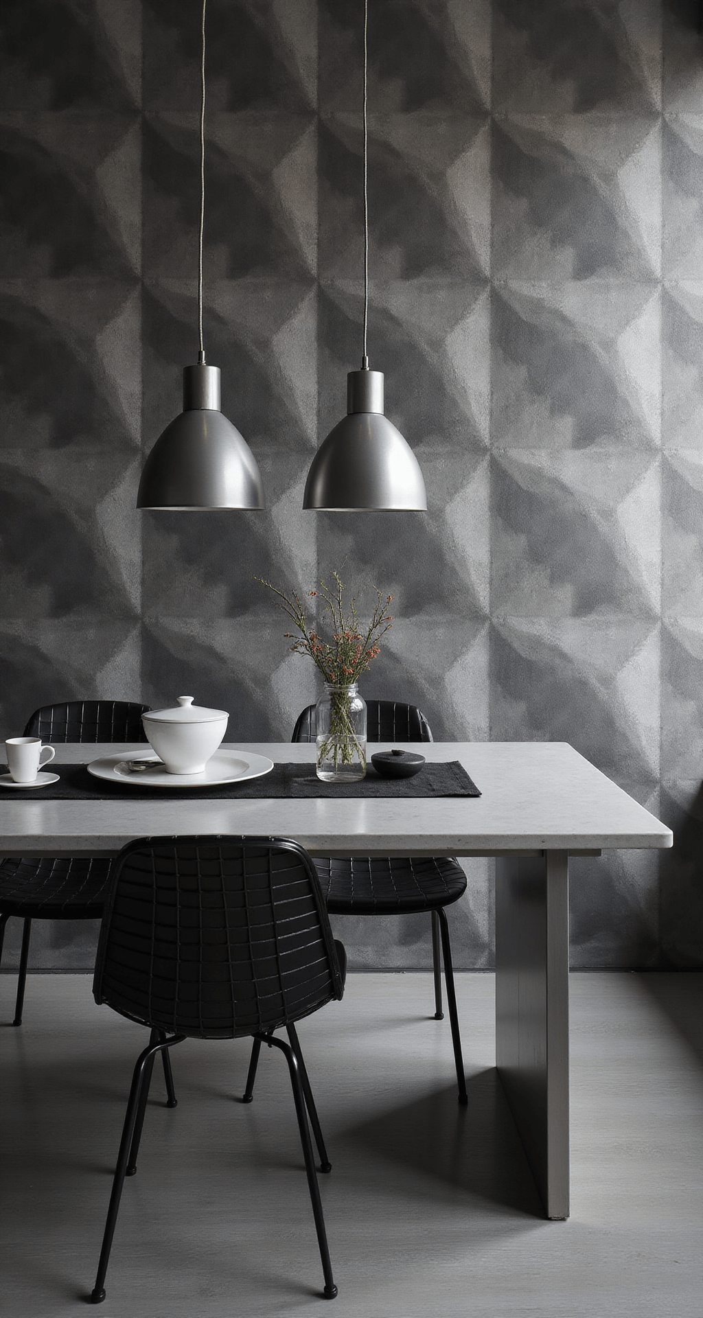 Modern dining space at twilight featuring geometric prism wallpaper in silver and charcoal, a minimalist concrete dining table with black wire chairs, and pendant lights casting dramatic shadows, all in a monochromatic palette with white ceramics and a black table runner.