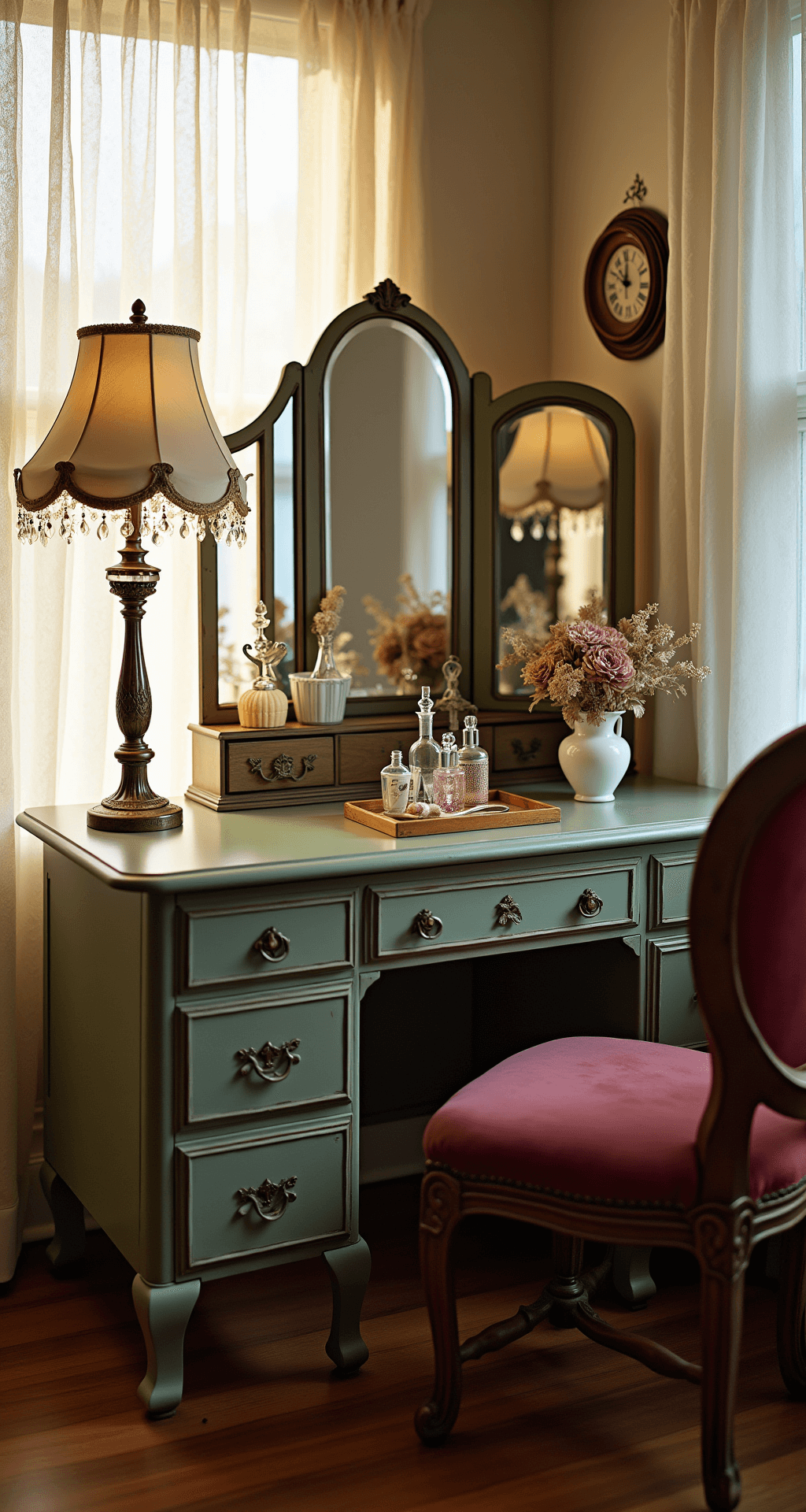 Bedroom Vanity Ideas: Transform Your Space with Style and Function Intimate corner shot of a sage green antique secretary desk converted into a vanity, featuring vintage perfume bottles, brushes, and dried roses, bathed in warm golden hour light with a Victorian-style lamp and trifold mirror, highlighting intricate woodwork and a plush velvet chair.
