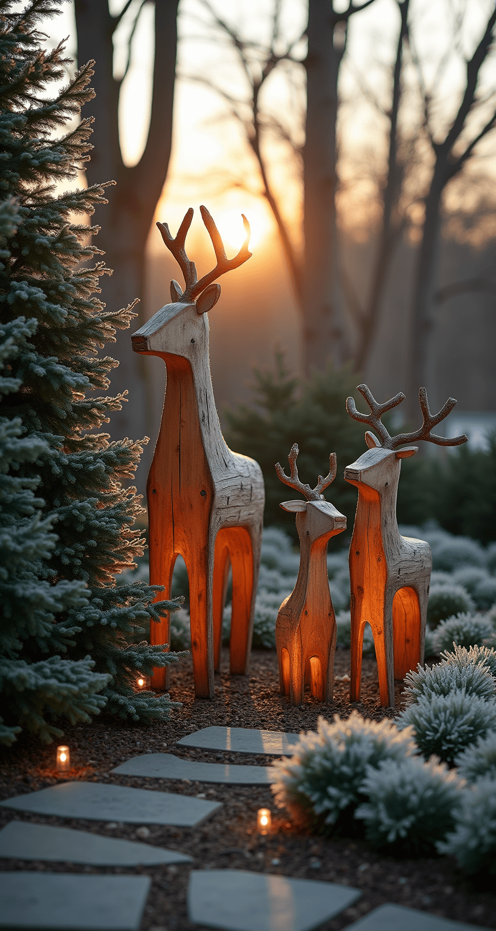 An intimate garden corner at golden hour showcases three life-sized handcrafted wooden reindeer sculptures made from natural logs, surrounded by frost-covered evergreen shrubs and subtle copper wire lights, with low-mounted spotlights casting dramatic shadows and warm sunset light creating rim lighting through bare trees.