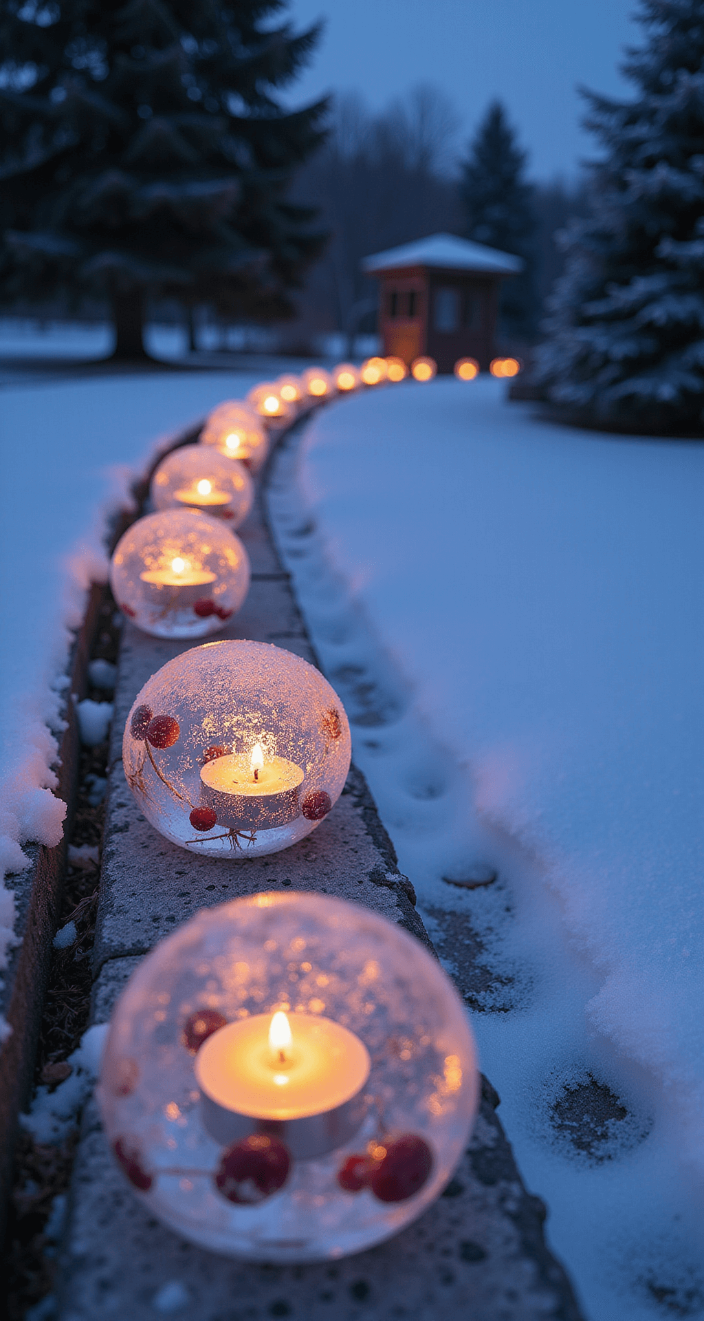 Close-up of a twilight garden path featuring illuminated ice luminaries, with a dozen frozen spherical globes containing cranberries and pine needles, casting crystalline shadows. Warm LED candles provide a soft glow through the ice, while light snow falls, enhancing the magical ambiance.