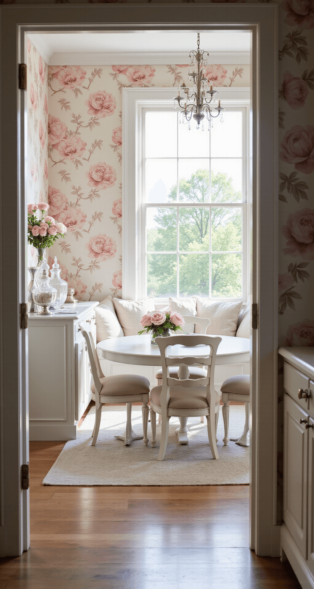 A cozy dining nook features oversized peony wallpaper in cream and blush tones, with a rounded breakfast table by a bay window. White-painted French chairs with natural linen cushions surround the table, while crystal decanters reflect morning light on a buffet adorned with fresh roses and a vintage silver tea service.