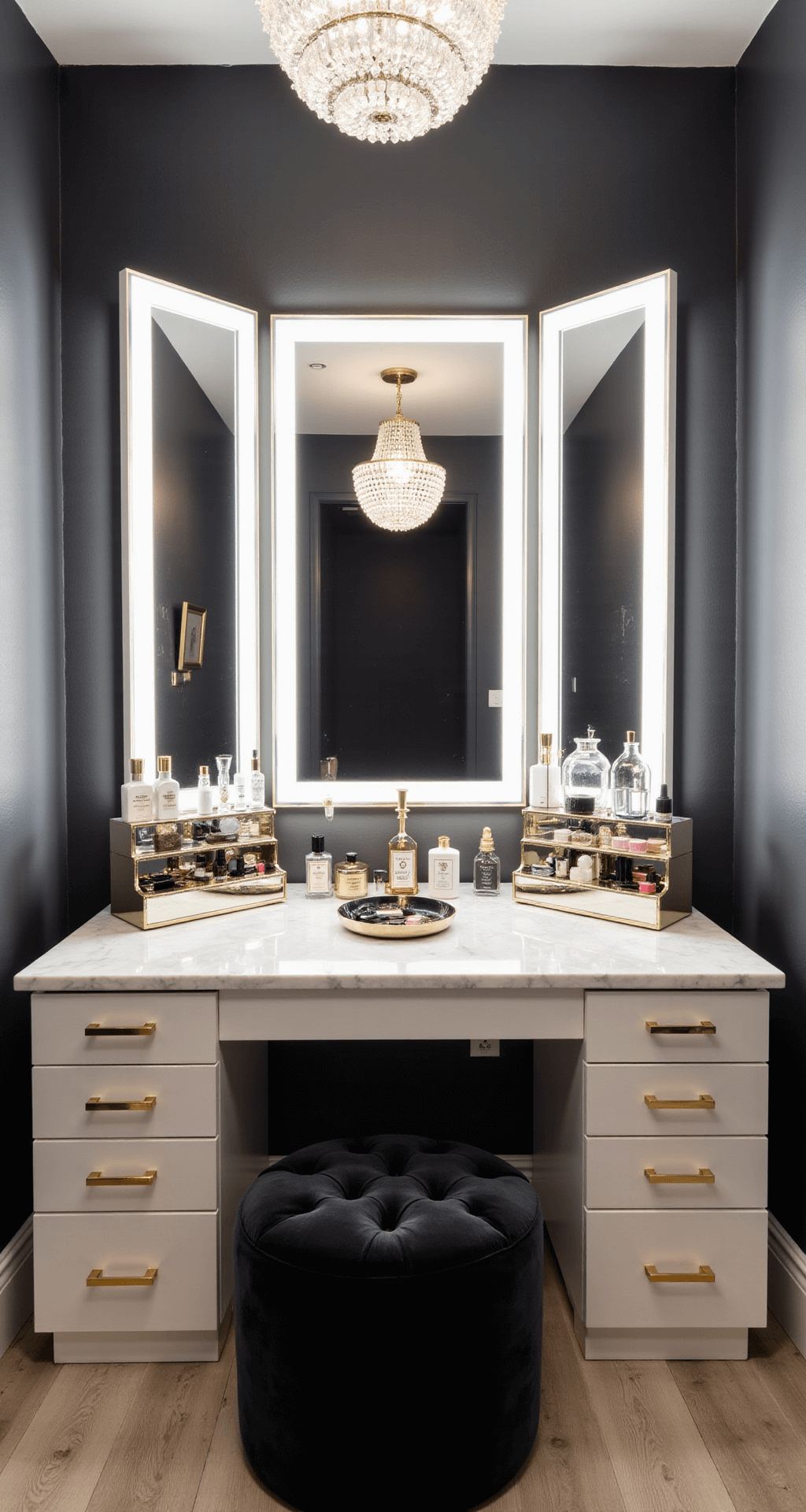 Bedroom Vanity Ideas: Transform Your Space with Style and Function A modern luxury vanity setup in a primary suite, featuring a dramatic LED-framed triple mirror on a charcoal accent wall, high-gloss white custom vanity with geometric gold handles and Carrara marble top, crystal chandelier, organized makeup display, designer perfume bottles, and black velvet seating, all illuminated with evening lighting in a palette of white, gold, black, and crystal accents.