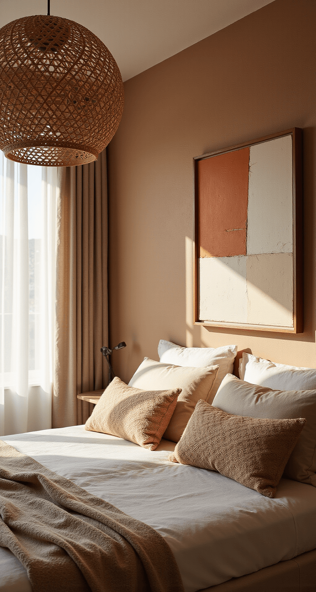Sun-drenched bedroom with a warm putty plaster statement wall, a queen bed adorned in layered neutral linens and handwoven geometric pillows, oversized abstract artwork in burnt orange and cream, and a natural rattan pendant light casting intricate shadows.