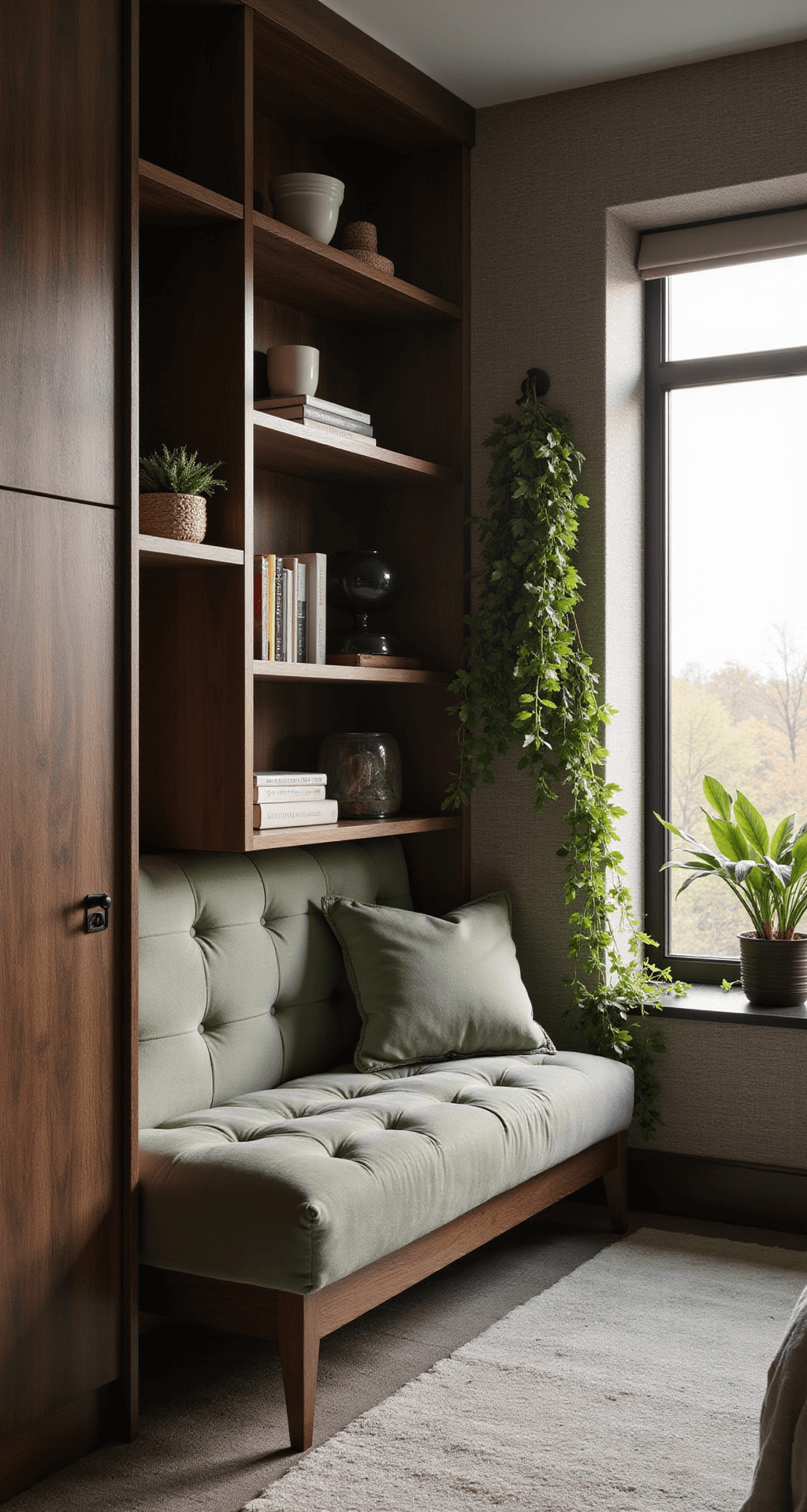 Cozy bedroom alcove at twilight featuring a built-in window seat with sage green velvet cushions, dark walnut floating shelves with curated decor and trailing plants, and textured grasscloth wallpaper, all softly illuminated by backlight from the window.