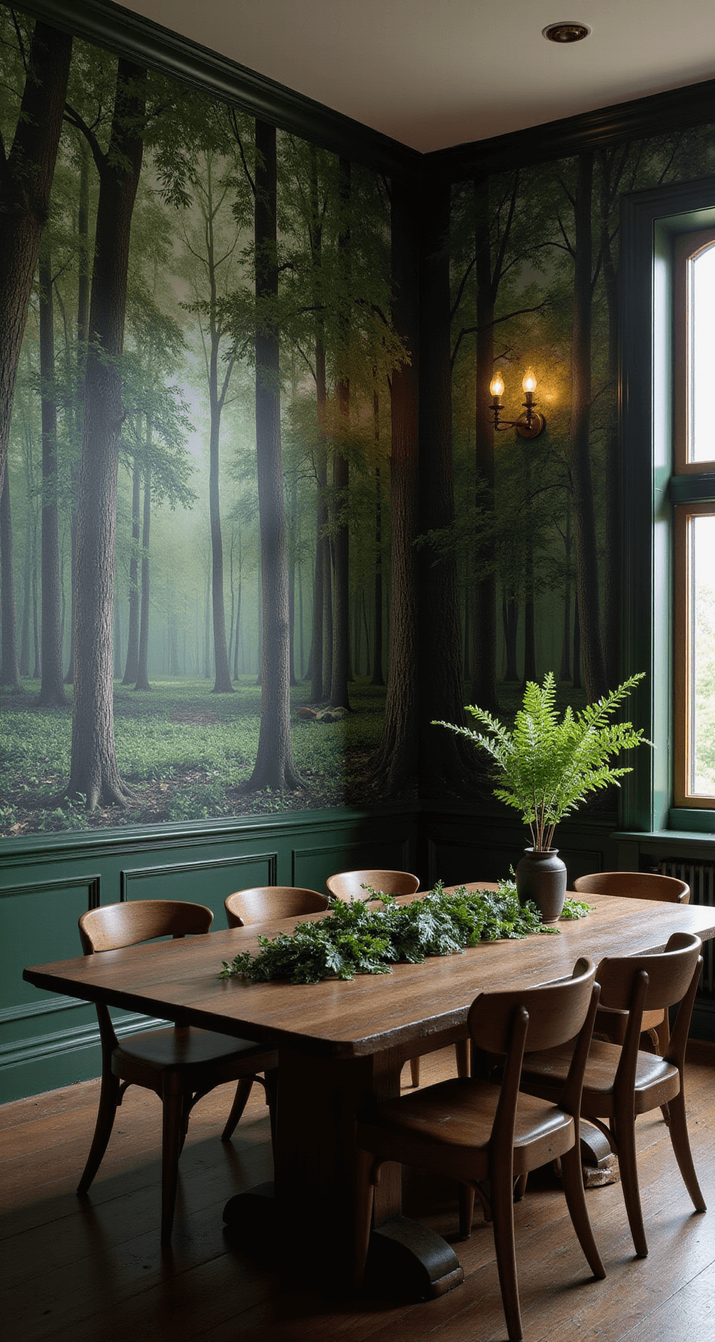 Corner view of a dramatic dining room at dusk, featuring floor-to-ceiling forest mural wallpaper, a long harvest table, and soft overhead lighting highlighting dark wood tones and a moody green palette, accented by brass sconces and styled with potted ferns and a natural table garland.