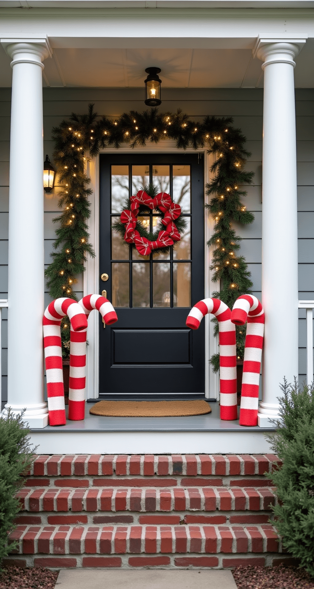 Charming front porch decorated with oversized DIY candy canes made from pool noodles, framed by frosted pine garland and twinkle lights, captured in soft afternoon light.