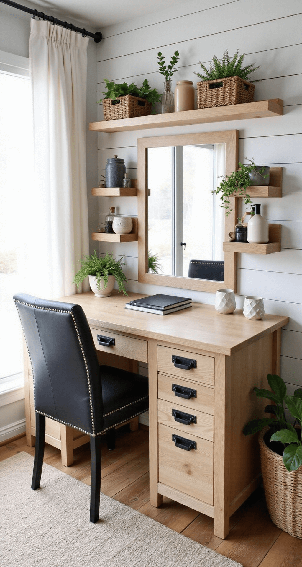 Bedroom Vanity Ideas: Transform Your Space with Style and Function A multifunctional desk-vanity combo in a modern farmhouse setting features a white oak piece against a shiplap accent wall, with natural and pendant lighting. The setup includes built-in power outlets, hidden storage, and a convertible mirror, styled with woven baskets, ceramic containers, and greenery, complemented by an industrial-style chair.