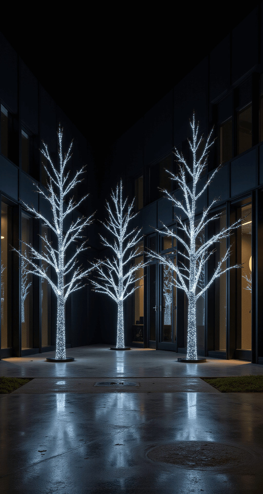 Professional night scene showcasing three 12ft animated LED trees with cool white lights creating synchronized geometric patterns against a dark facade, captured from a 45-degree angle using long exposure to highlight light trails on a pure black background.