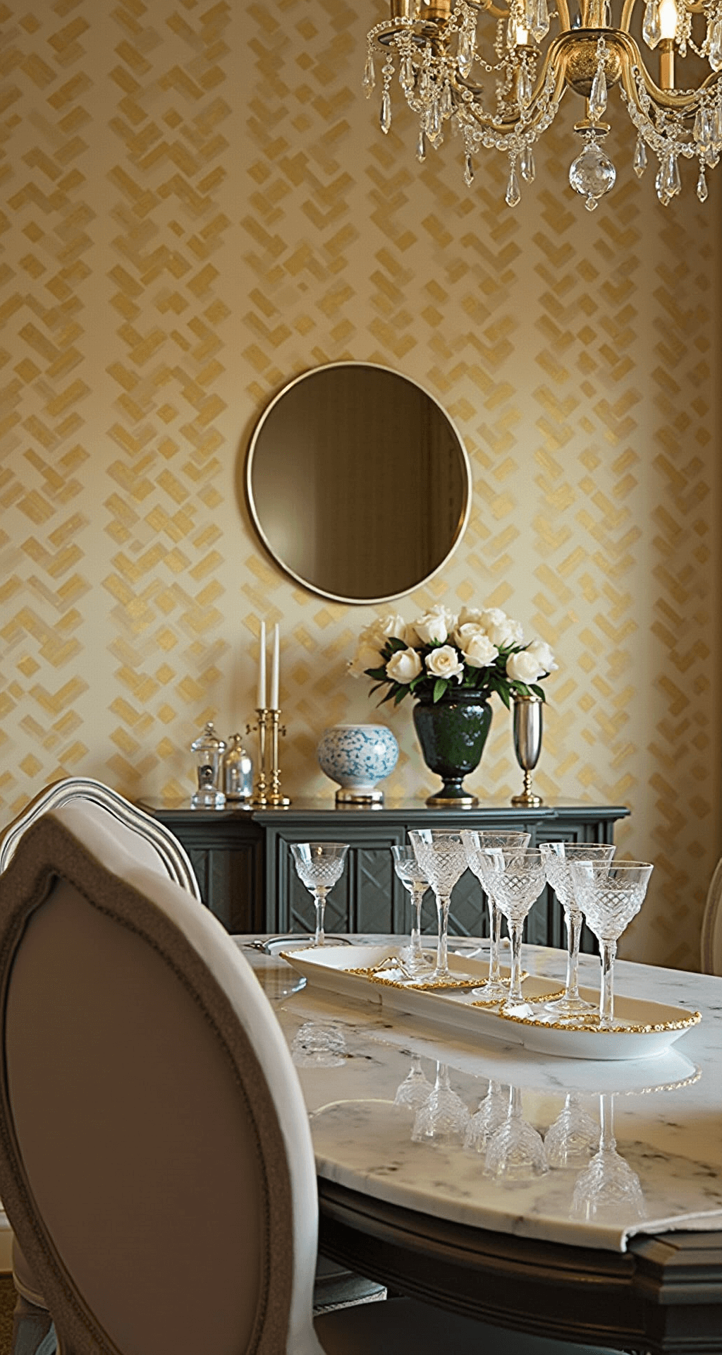 Art deco-inspired dining room featuring metallic chevron wallpaper in gold and cream, with a lacquered dining table and velvet chairs, elegantly styled with vintage champagne coupes and white roses, all illuminated by soft front lighting.