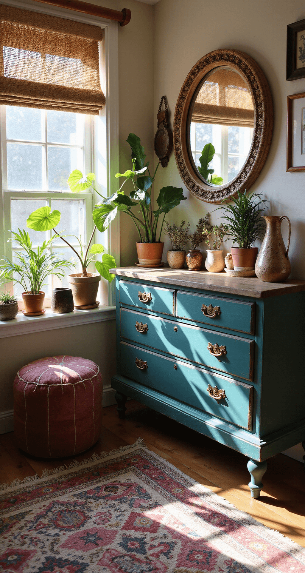 Bedroom Vanity Ideas: Transform Your Space with Style and Function Bohemian-inspired vanity corner with a repurposed vintage dresser in deep teal, accented by copper hardware, surrounded by hanging plants and a rattan mirror, illuminated by afternoon light filtering through macramé window coverings, featuring a vintage kilim rug and velvet pouf.