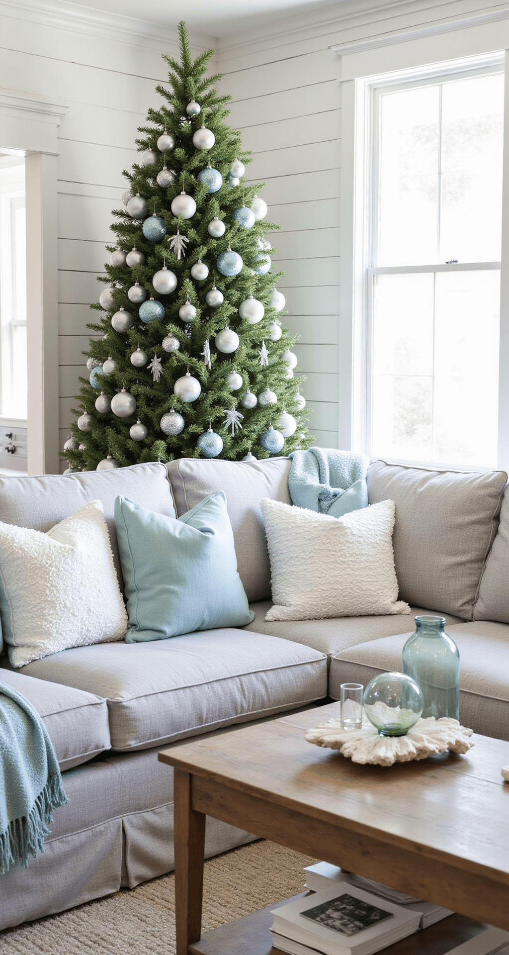 Coastal Christmas living room featuring whitewashed shiplap walls, a sea glass-inspired tree, light gray linen sectional with blue and white accents, and a driftwood coffee table styled with coral and mercury glass, all bathed in natural mid-morning light.