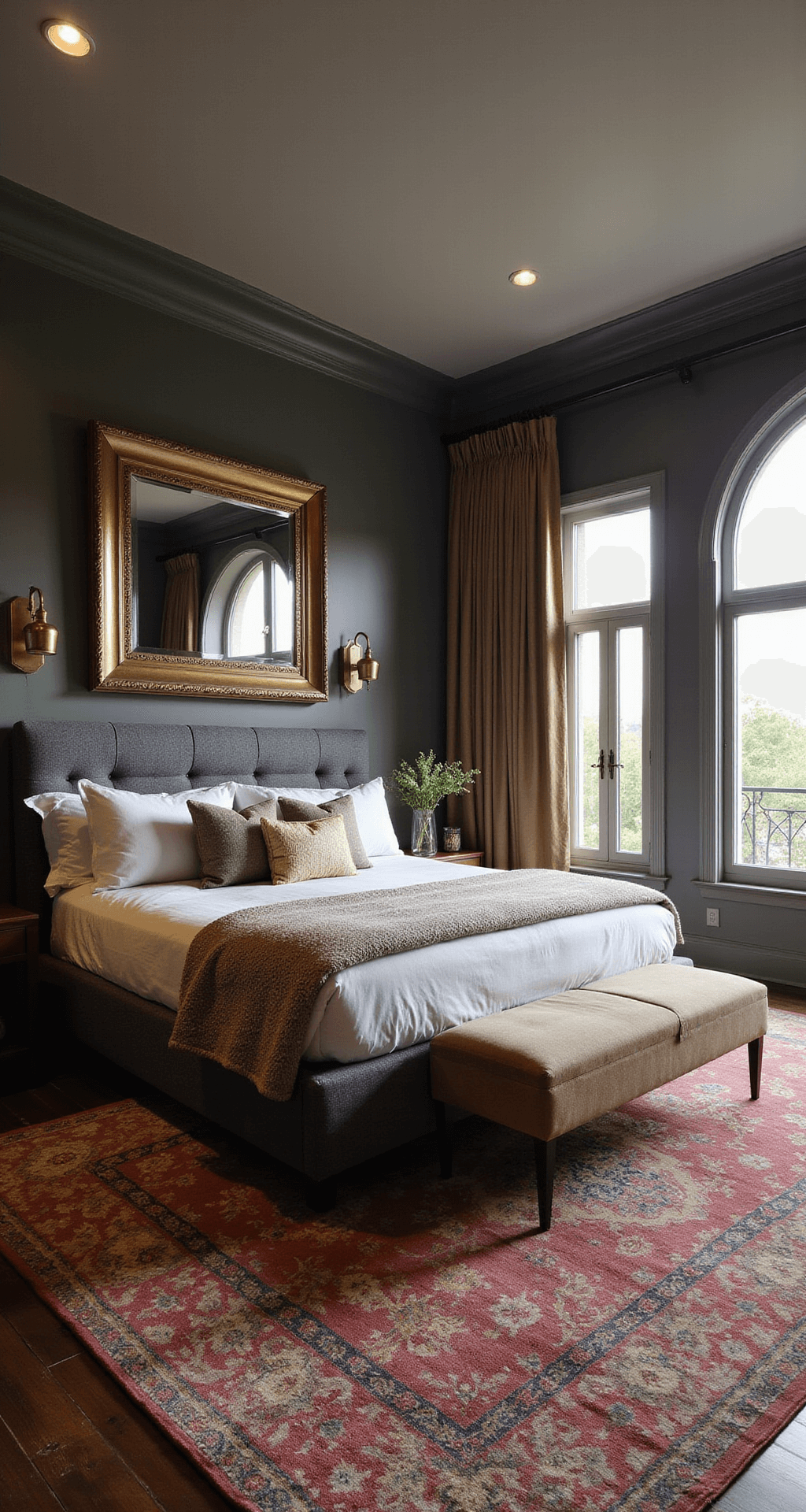 Luxurious primary bedroom with 12ft ceiling, featuring a charcoal bouclé upholstered bed wall, antiqued brass wall lights, oversized mirror in brushed bronze, and a vintage overdyed rug in jewel tones, all highlighted by golden hour lighting.